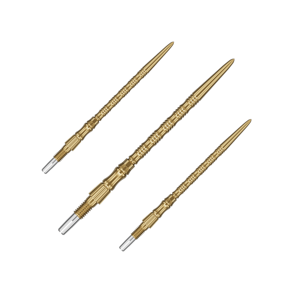 Target Signature Swiss Point TRB Steeldartspitzen - Gold Das Bild zeigt ein Set goldener Dartspitzen mit 42mm Länge. Die Spitzen sind Target SwissPoint Signature TRB Dartspitzen.
