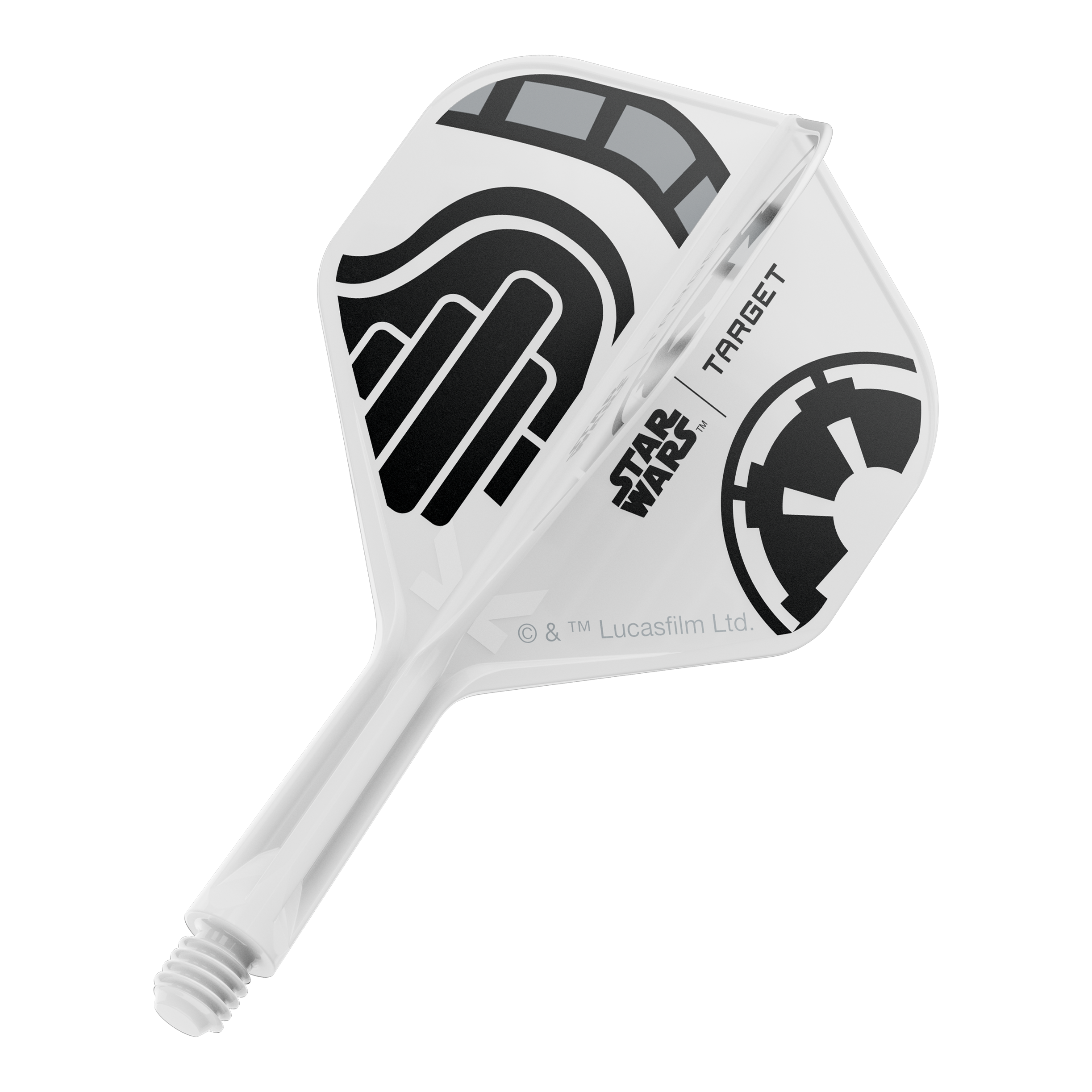 Target Star Wars K-Flex Stormtrooper No2 Standard Flights Das Bild zeigt einen kurzen Dartflügel mit dem Dateinamen 'Stormtrooper No2 Standard Flights Short 19mm 1'. Das Design ist inspiriert von der Star Wars Stormtrooper Optik.