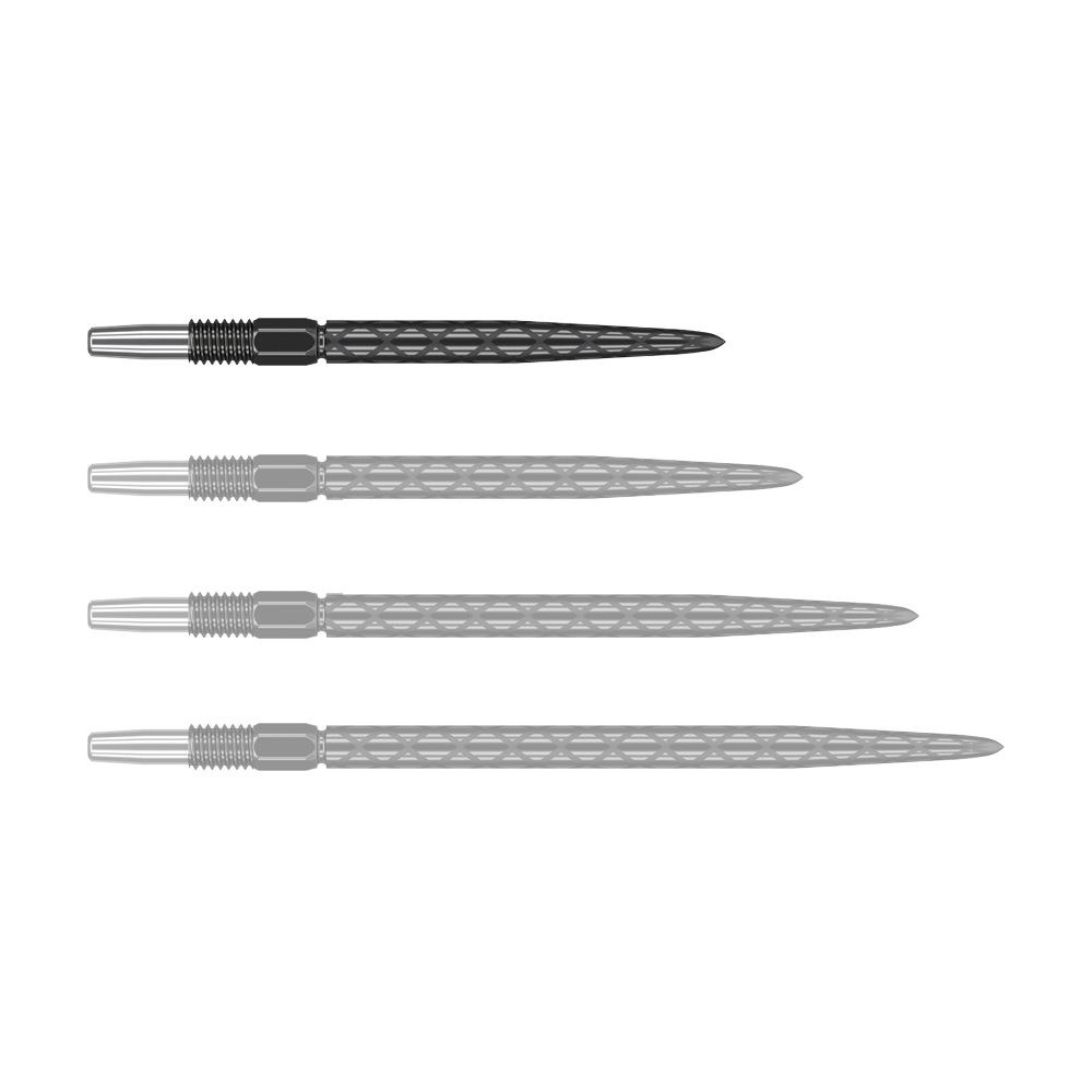 Target Swiss Diamond Pro Black Points dart tips Auf dem Bild sind vier schwarze Dartspitzen mit silbernem Gewinde zu sehen. Die Spitzen haben ein rautenförmiges Muster auf der Oberfläche.