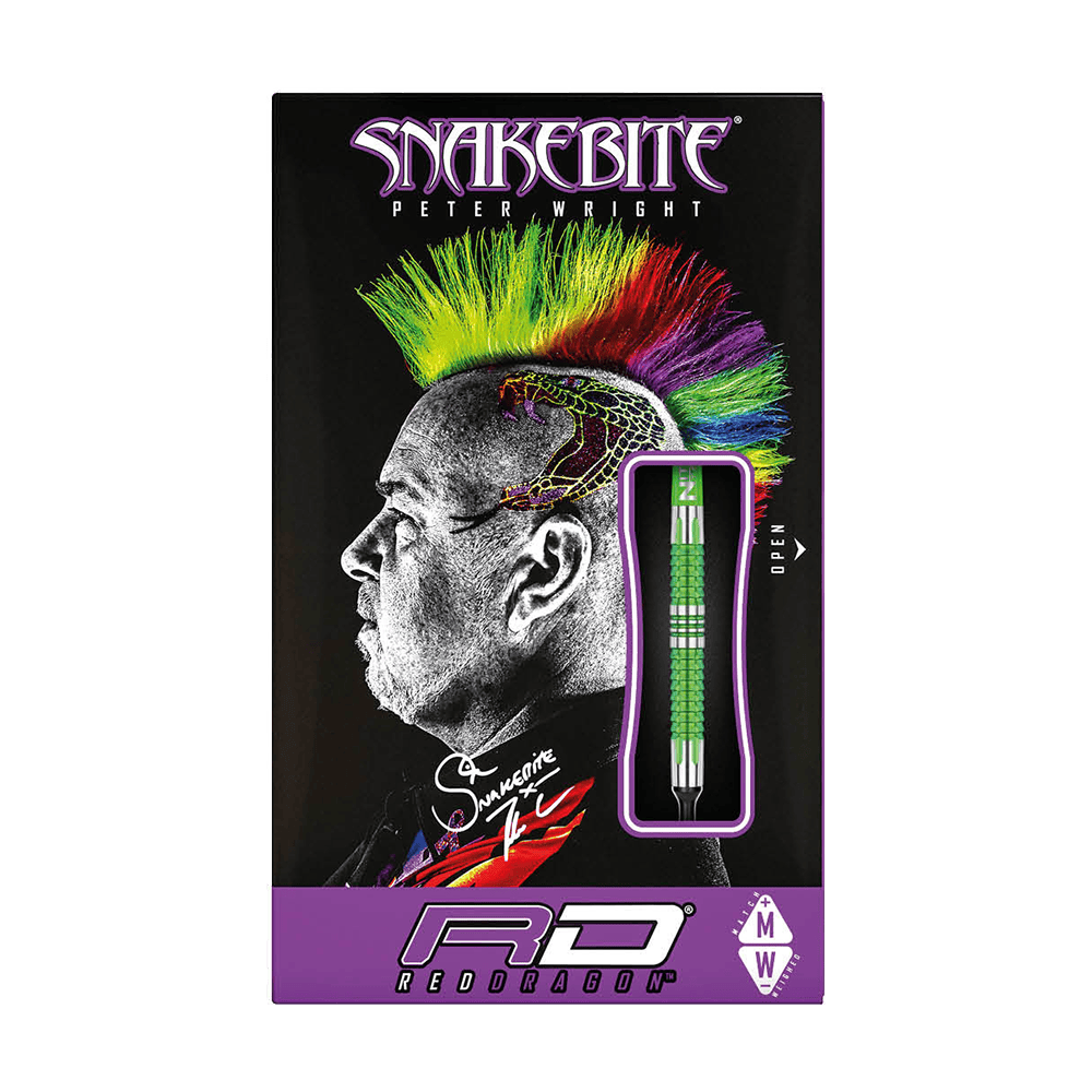 Die Verpackung zeigt die „Red Dragon Peter Wright Snakebite Mamba 2 Softdarts“. Auf dem Cover ist ein Mann mit buntem Irokesenschnitt und einer gezeichneten Schlange zu sehen.