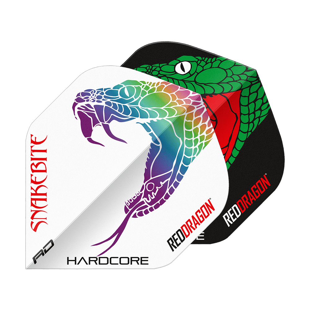 Red Dragon Peter Wright Ukąszenie Węża Czarno-Białe Yin Yang Standardowe Loty Das Bild zeigt zwei Dart-Flights mit auffälligen Schlangenmuster-Designs in Schwarz und Weiß. Auf beiden Flights stehen die Wörter "Snakebite" und "Red Dragon".