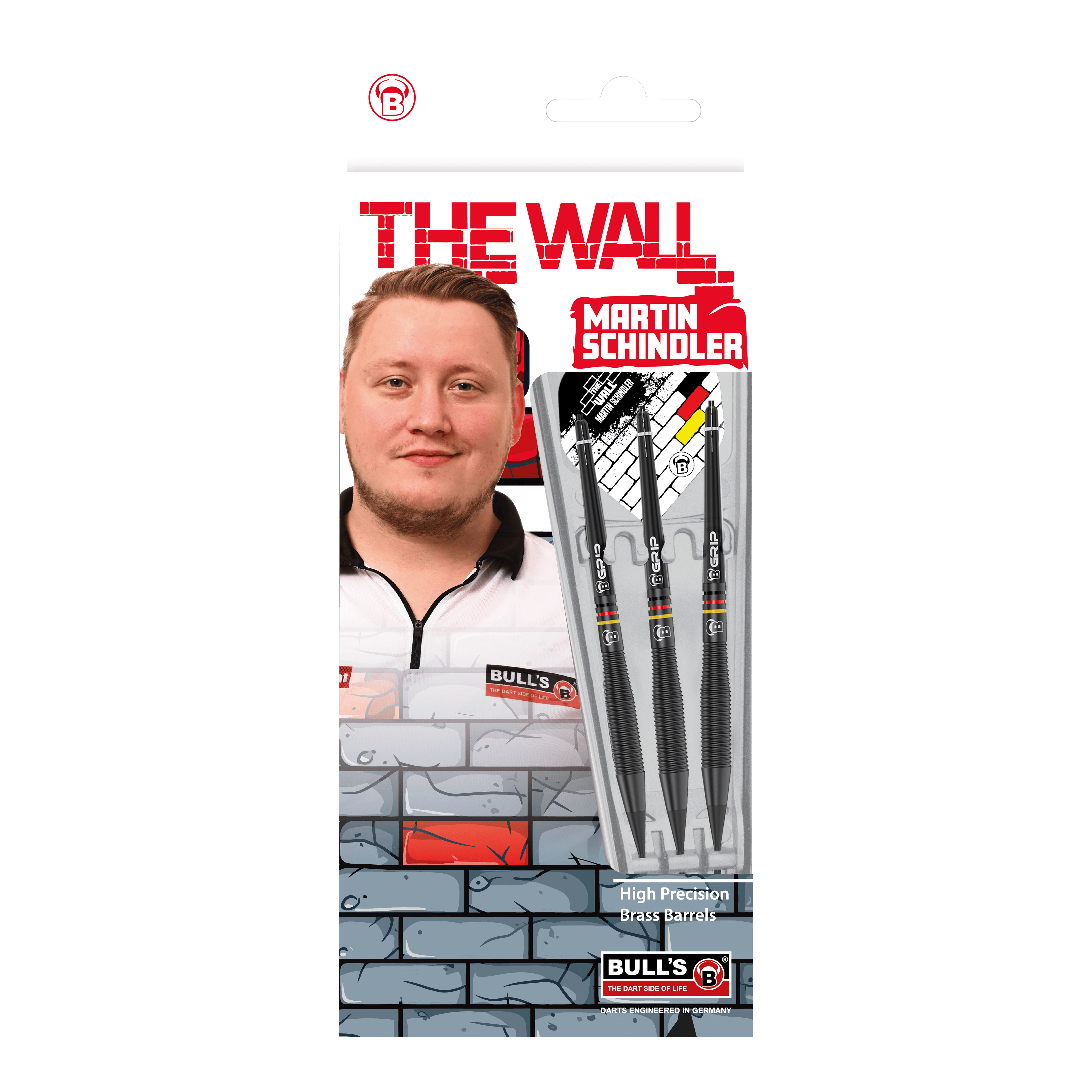 Šipky Bulls Martin Schindler The Wall černé mosazné - 18g Das Bild zeigt die Verpackung der "Bulls Martin Schindler The Wall Black Brass Softdarts - 18g". Auf der Verpackung ist ein Foto von Martin Schindler sowie drei schwarze Softdarts zu sehen.