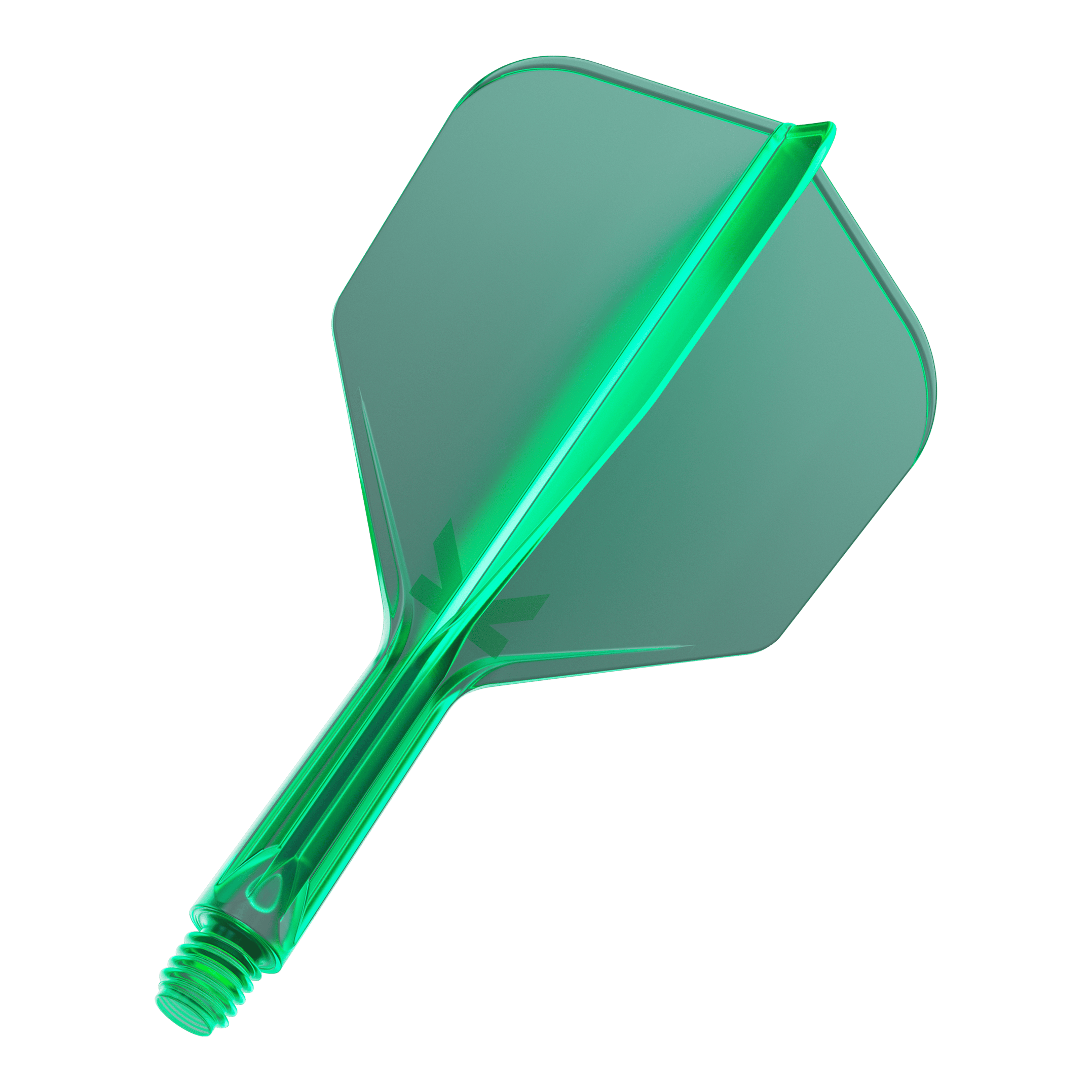 System lotu Target K-Flex No6 – zielony Das Bild zeigt eine grüne Dart-Flügel- und Schaft-Kombination. Das Material wirkt transparent und hat eine glatte Oberfläche.