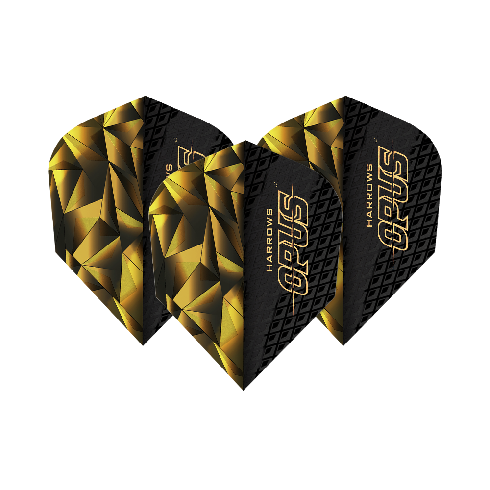 Harrow's Opus verze 1 Lety Das Bild zeigt die Harrows Opus Version 1 Flights. Sie haben ein auffälliges schwarzes und goldenes geometrisches Design mit dem Schriftzug "OPUS" darauf.