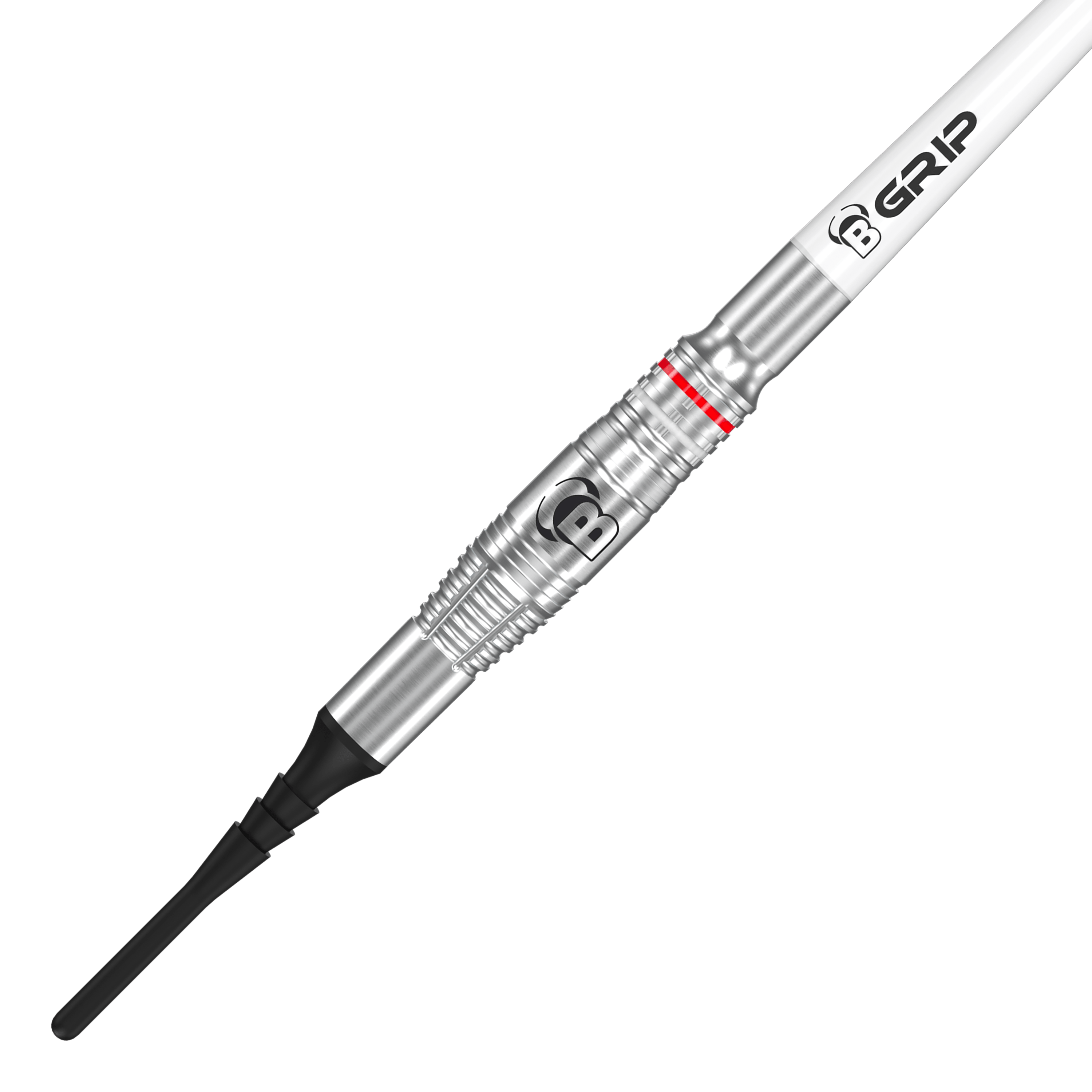 Bulls Niko Springer Softdarts - 22g Das Bild zeigt einen Bulls Niko Springer Softdart mit einem Gewicht von 22g. Der Dart hat eine silberne Metallspitze und einen weißen Schaft mit der Aufschrift "B GRIP".