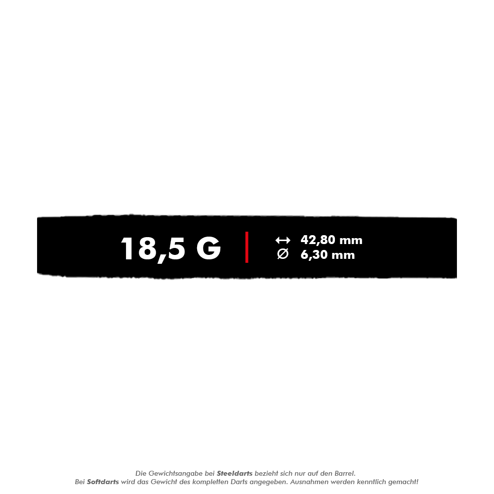 Dardos blandos McDart 85 Tungsten V8 - 18,5 g Das Bild zeigt die technischen Daten der McDart 85er Tungsten V8 Softdarts mit einem Gewicht von 18,5 Gramm. Die Länge beträgt 42,80 mm und der Durchmesser 6,30 mm.
