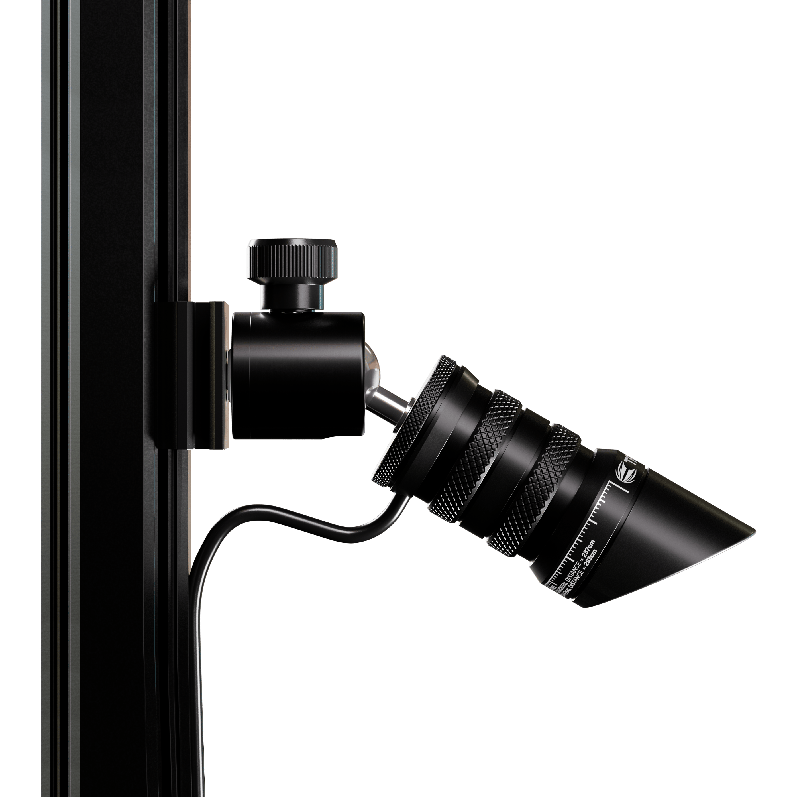 Target MOD Laser Oche Das Bild zeigt das Produkt "Target MOD Laser Oche", das an einer vertikalen Stange befestigt ist. Es handelt sich um ein schwarzes, zylindrisches Gerät mit einem Kabelanschluss und feinen Details.