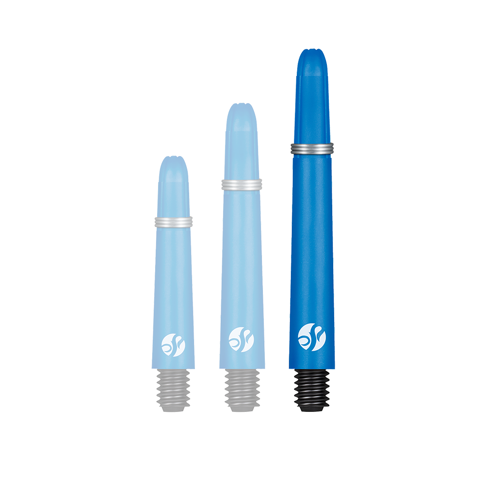 Auf dem Bild sind drei blaue Dart-Schäfte in verschiedenen Längen zu sehen. Sie haben am unteren Ende ein schwarzes Gewinde und ein silberner Ring auf jedem Schaft.