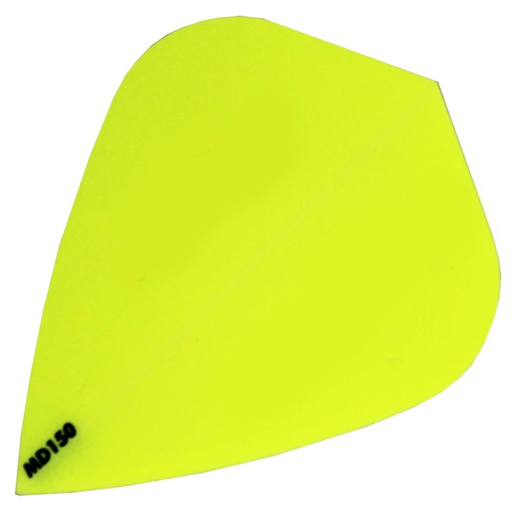 MD150-Kite-Gelb Das Bild zeigt ein leuchtend gelbes Dartflight des Modells „McDart MD150 – Kite Flight“. In der unteren linken Ecke steht in schwarzer Schrift „MD150“.