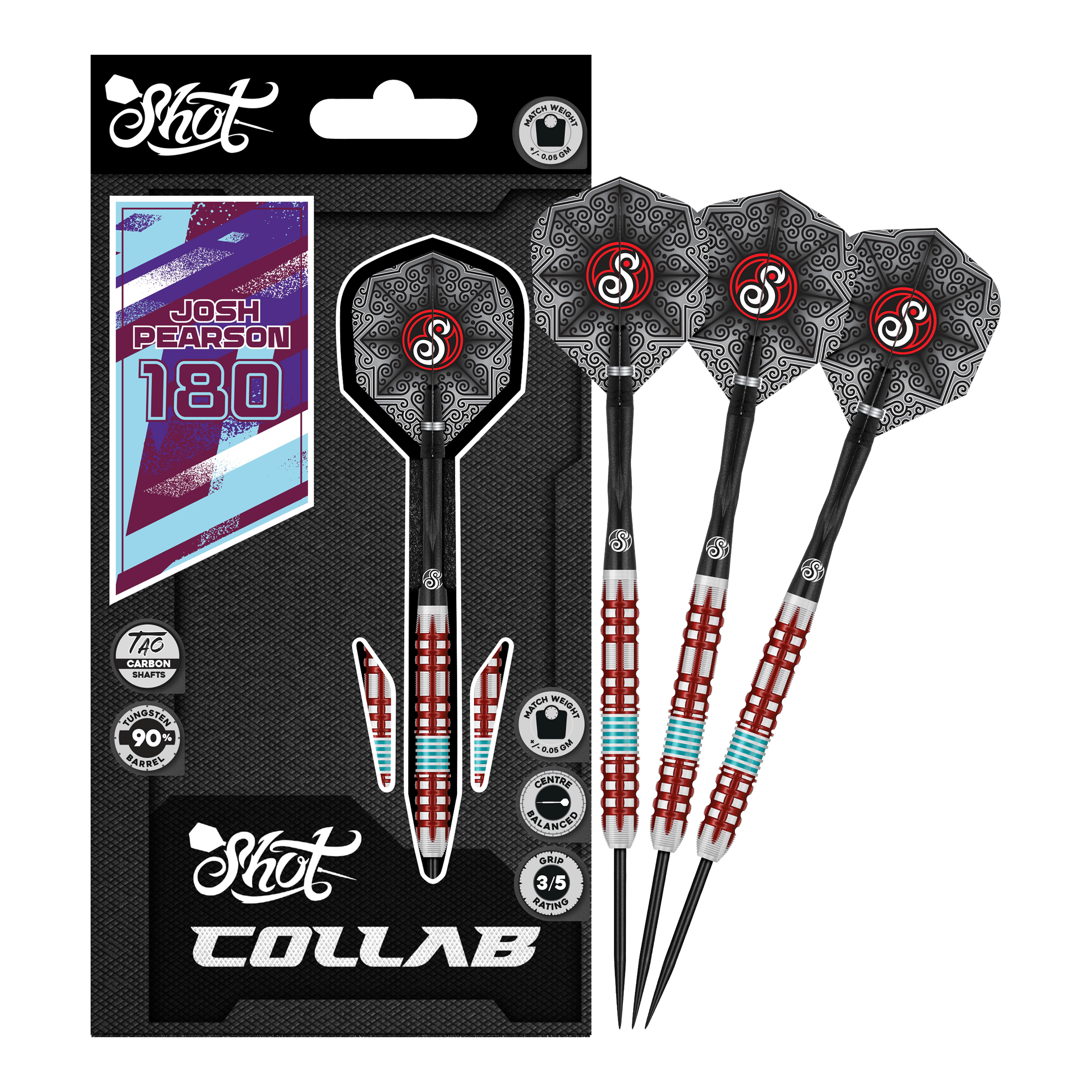 Das Produkt Shot Collab Pro Series Josh Pearson Steeldarts - 23g wird gezeigt. Die Darts besitzen eine präzise Verarbeitung für maximale Leistung.