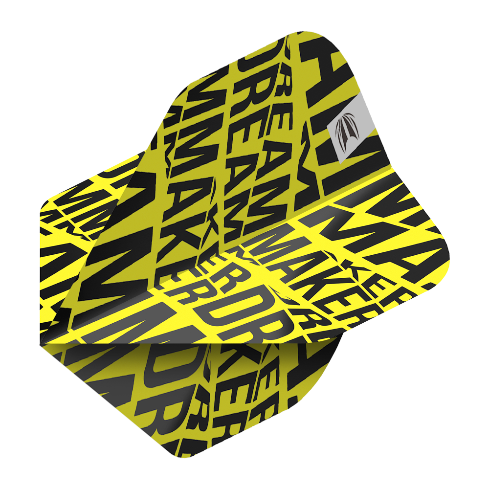 TG81_336570_Target_Pro_Ultra_Dimitri_Van_Den_Bergh_Yellow_No2_Standard_Flights_2 Das Bild zeigt ein gelbes Dartflight mit schwarzen, groß gedruckten Buchstaben. Auf dem Flight steht mehrfach das Wort "DREAMMAKER".