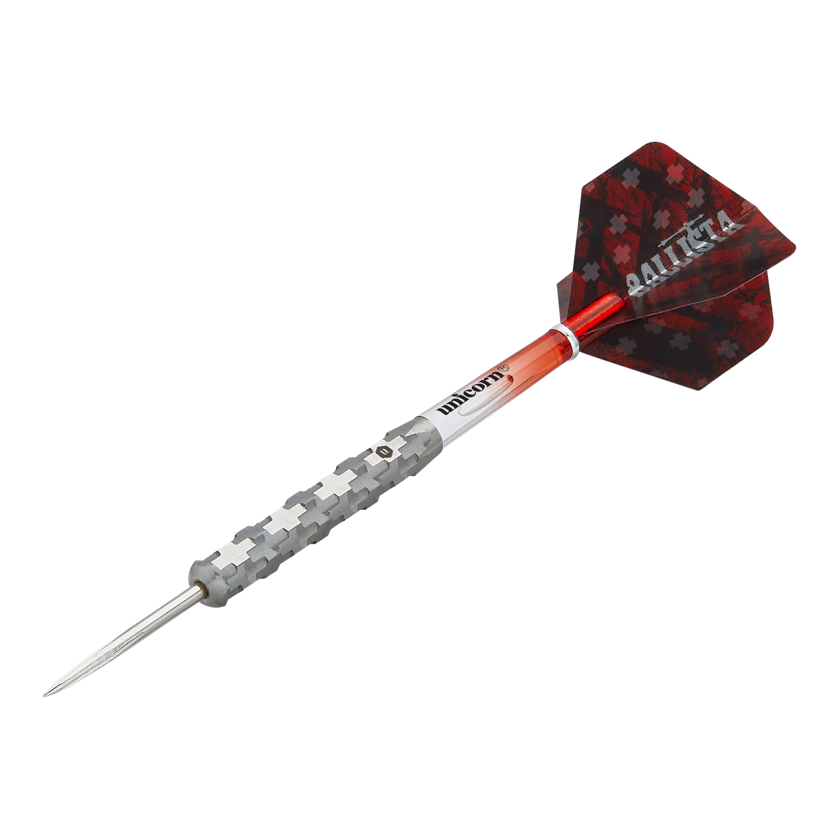 Dardos de acero Unicorn Ballista Style 1 Dies ist ein Steeldart aus der Produktreihe "Unicorn Ballista Style 1". Er hat einen silbernen, strukturierten Schaft und rote Flights mit Muster.