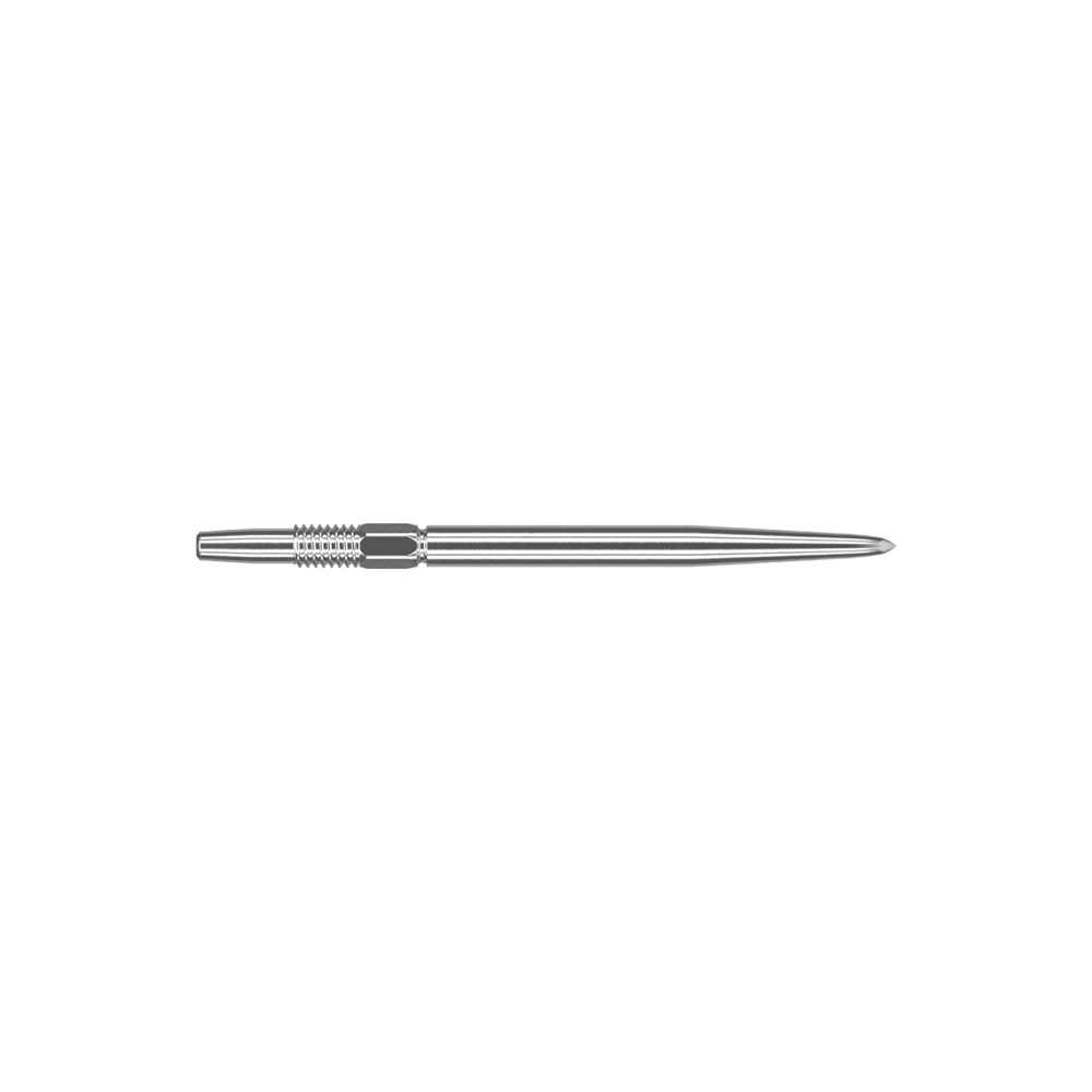 Puntas de dardos Target Swiss Point Silver Das Bild zeigt eine silberne Dartspitze mit einer Länge von 30 mm. Die Spitze ist schmal und hat feine Rillen im hinteren Bereich für besseren Halt.