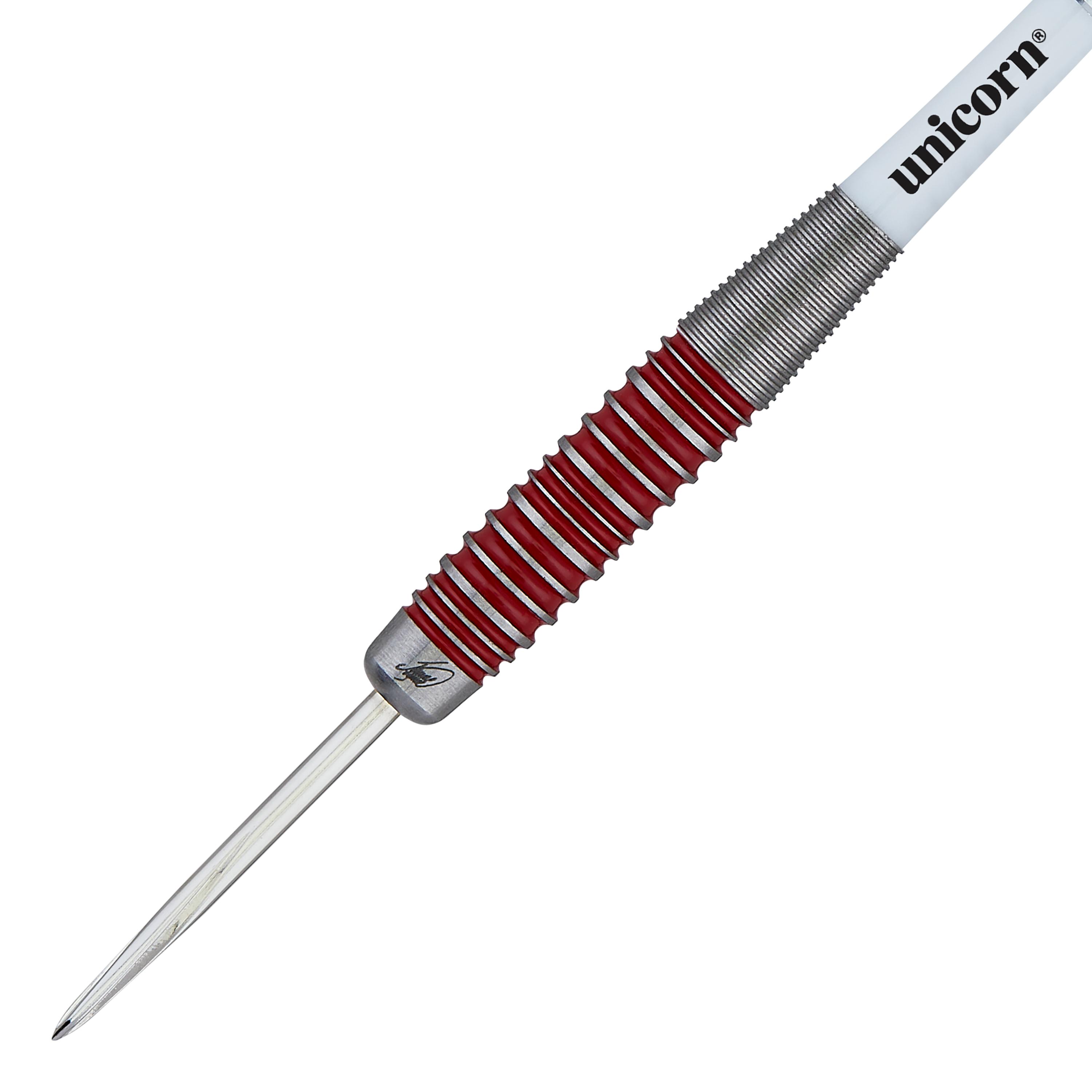 Dardos de acero al 90% de James Wade, Unicorn The Machine Das Bild zeigt einen Steeldartpfeil der Marke Unicorn aus der "The Machine James Wade 90%" Serie. Der Dart hat ein silbernes und rotes Griffstück sowie eine weiße Schaft mit dem Schriftzug "unicorn".