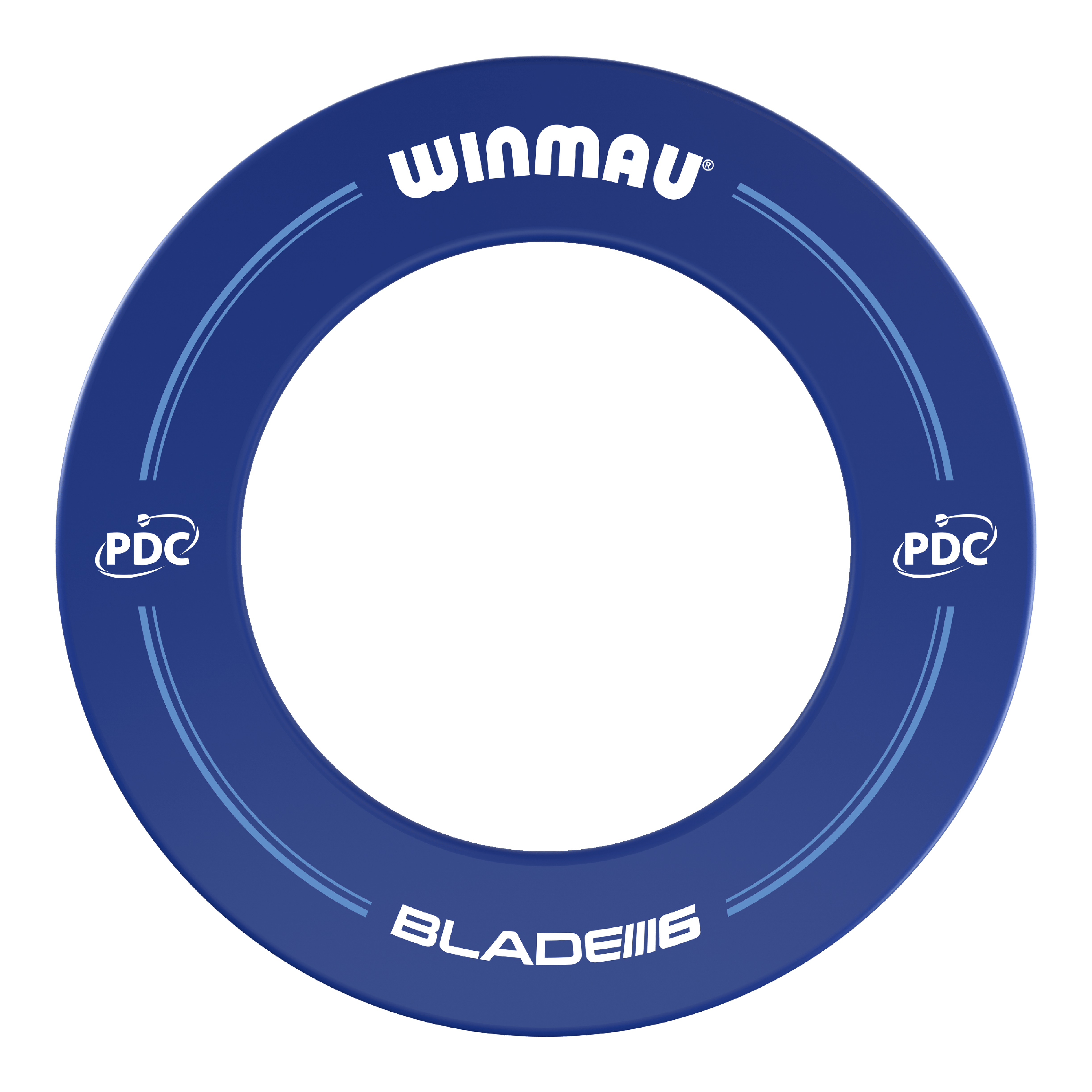 Kryt terče Winmau PDC - modrý Das Bild zeigt einen blauen Dartboard-Surround der Marke Winmau mit PDC-Logo. Auf dem Ring stehen die Worte "WINMAU" und "BLADE 6".
