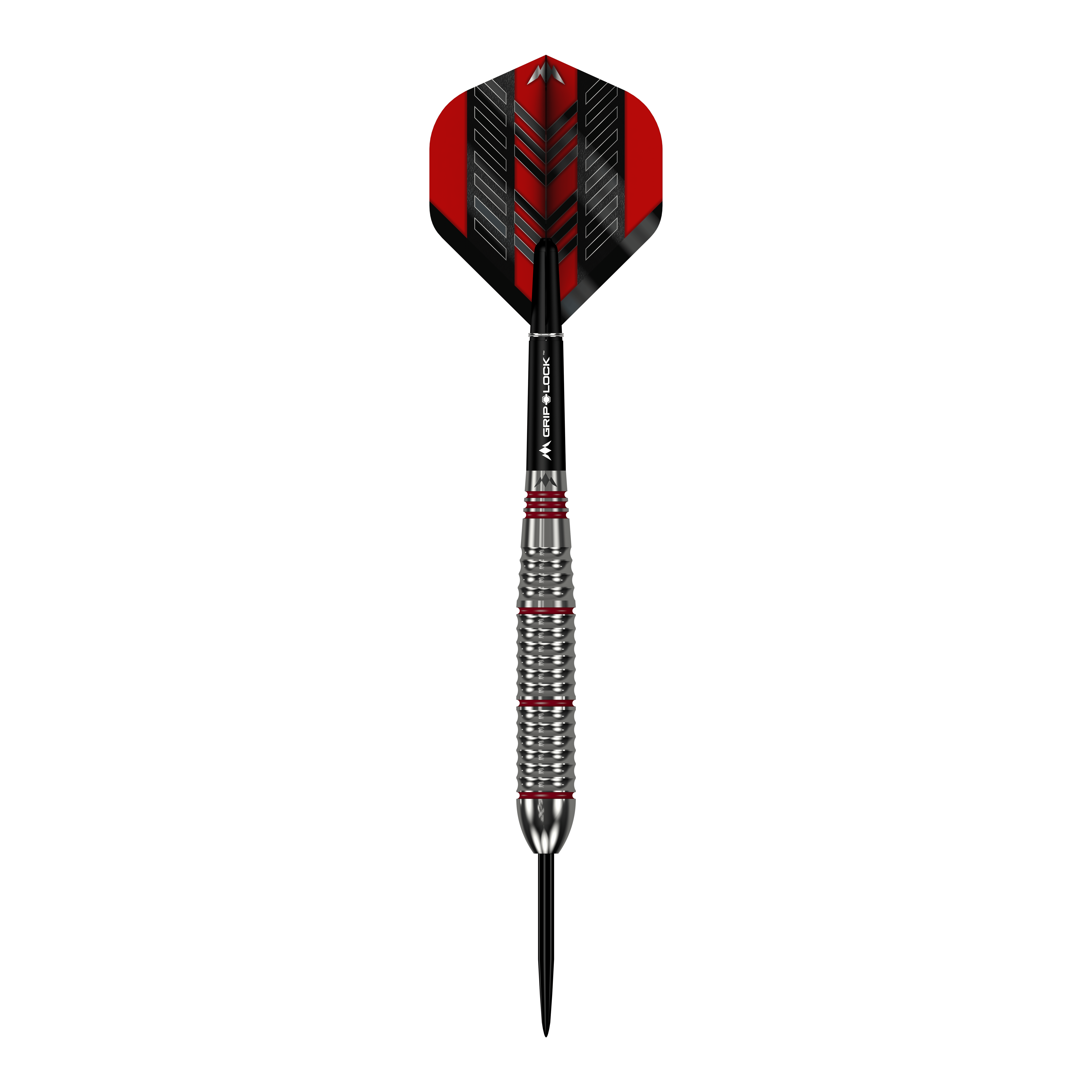 Dardos Mission Rogue de latón y acero - 22 g Das Bild zeigt einen Mission Rogue Brass Steeldart mit einem Gewicht von 22 Gramm. Der Dart hat ein silbernes, geriffeltes Barrel und rote sowie schwarze Akzente an Flight und Shaft.