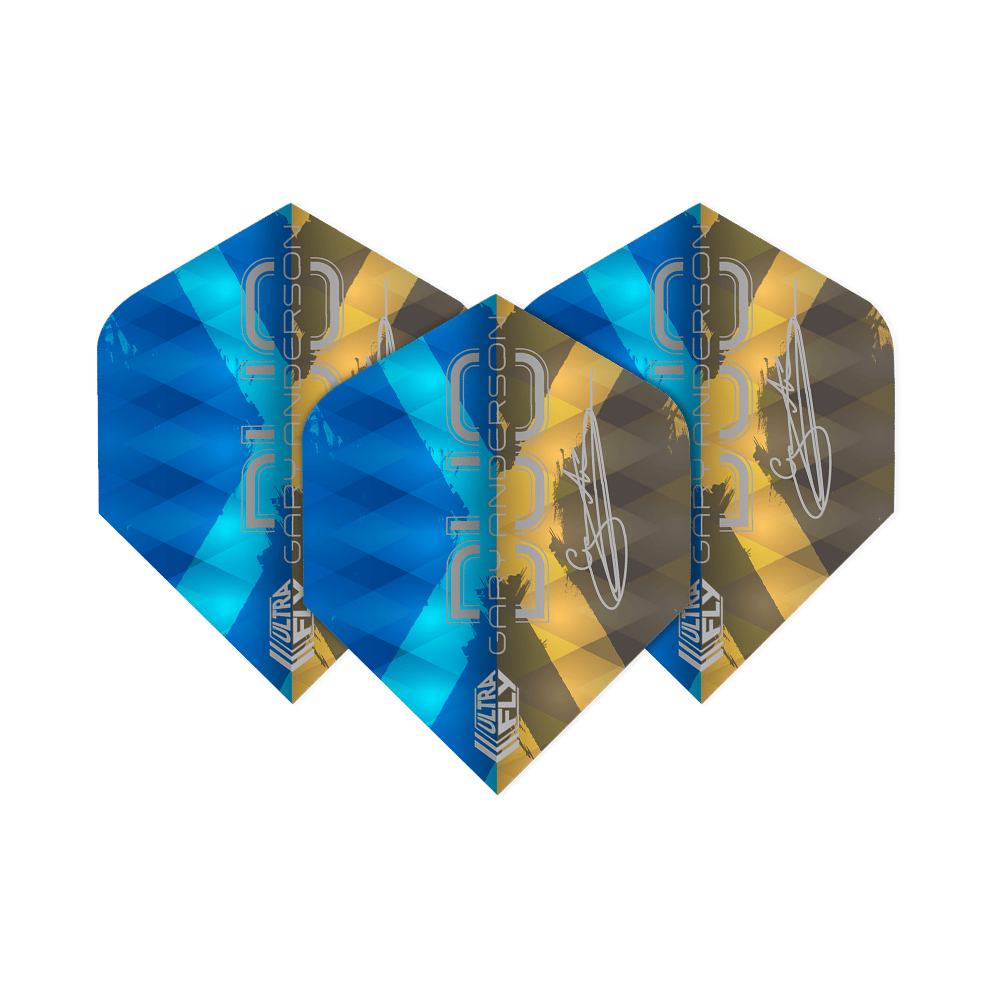 Letky Unicorn Ultrafly 100 Gary Anderson Duo Plus Das Bild zeigt drei Dartflights der Marke "Unicorn Ultrafly 100 Gary Anderson Duo Plus". Die Flights sind in den Farben Blau und Gold gestaltet und tragen den Schriftzug "Gary Anderson".