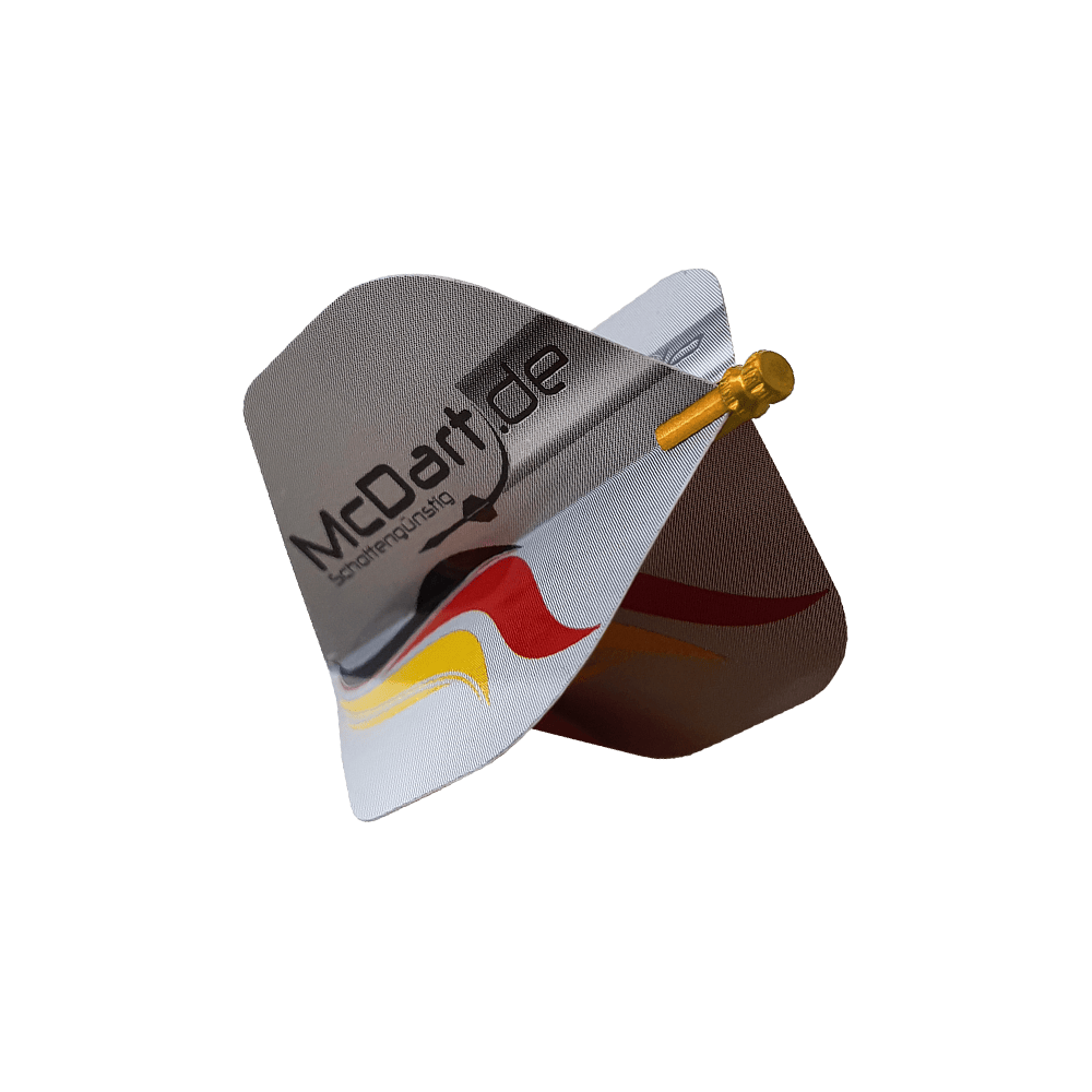 Das Bild zeigt ein Produkt namens "Alu Flightschoner", das an einem Dart-Flight befestigt ist. Der Flightschoner ist aus Aluminium und dient zum Schutz der Dart-Flights.