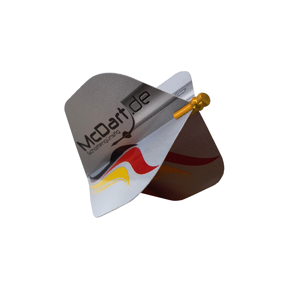 611_Alu_Flightschoner_Gold_2 Das Bild zeigt ein Produkt namens "Alu Flightschoner", das an einem Dart-Flight befestigt ist. Der Flightschoner ist aus Aluminium und dient zum Schutz der Dart-Flights.