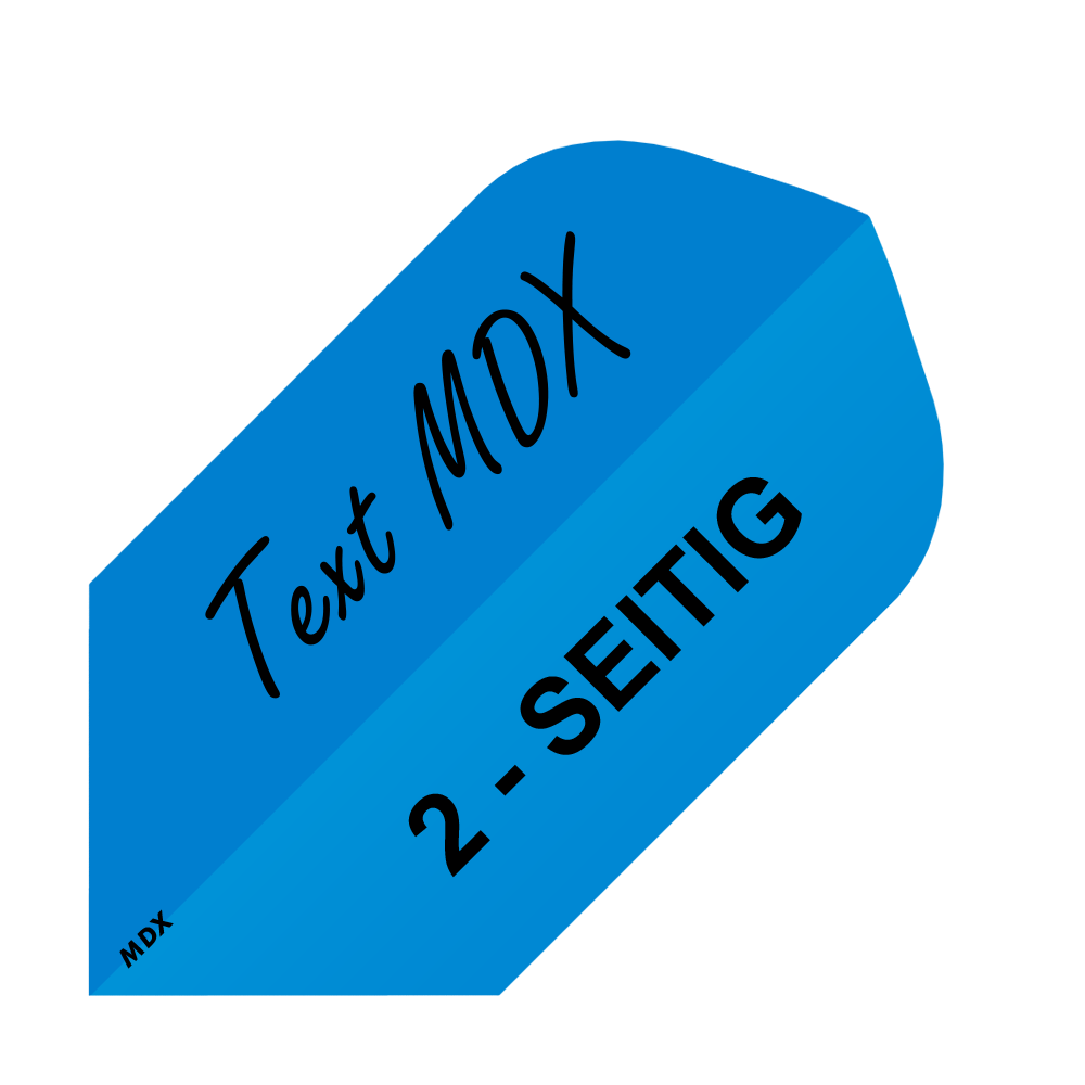 MD-456_2-Seitig_Bedruckte_Flights_Wunschtext_MDX_Blau_Slim_1 Das Bild zeigt einen blauen Dartflight mit schwarzer Aufschrift. Darauf steht „Text MDX“ und „2-SEITIG“.