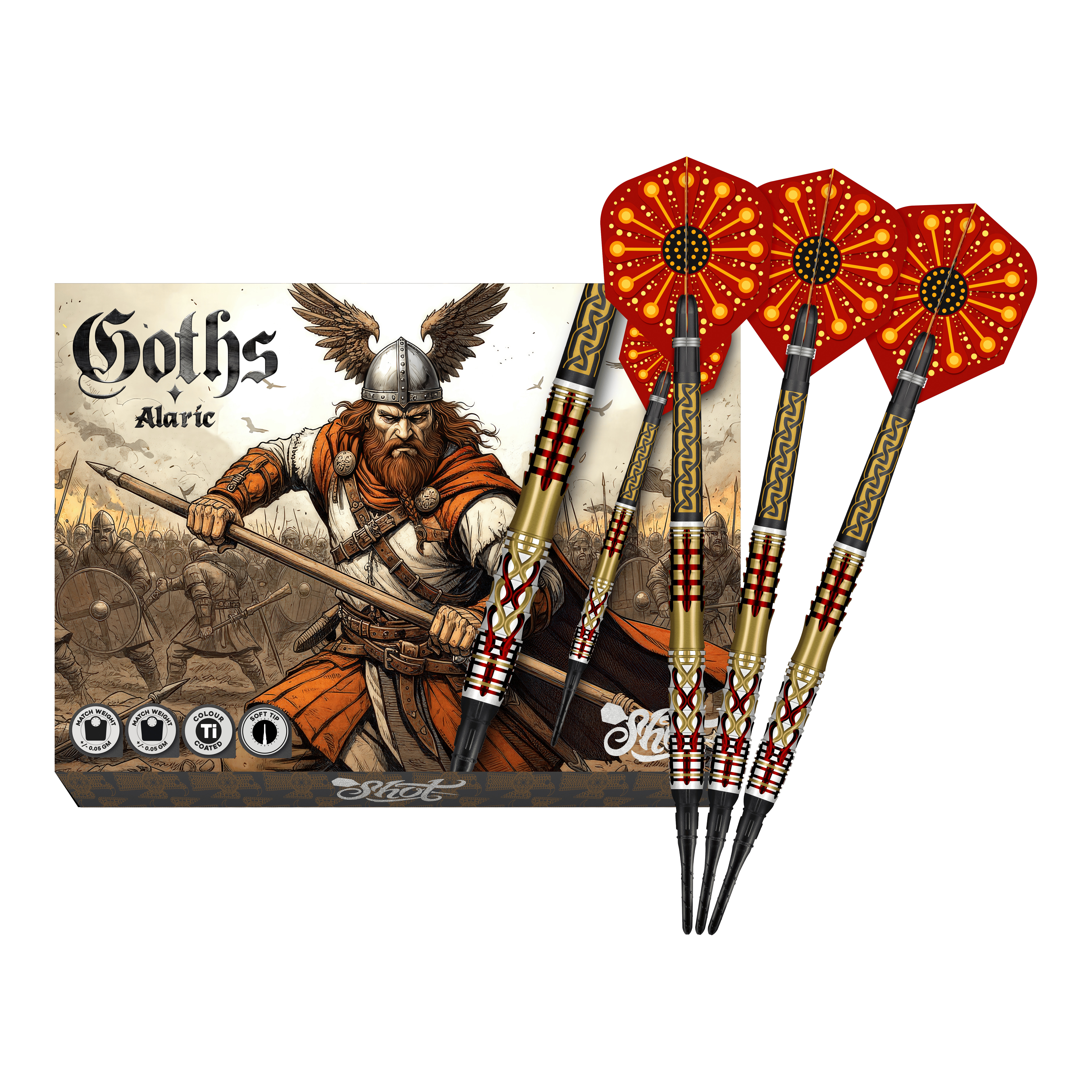 Fléchettes Shot Goths Alaric Soft - 20 g Abgebildet sind die Shot Goths Alaric Softdarts - 20g in voller Ansicht. Die gesamte Länge der Darts ist deutlich erkennbar.