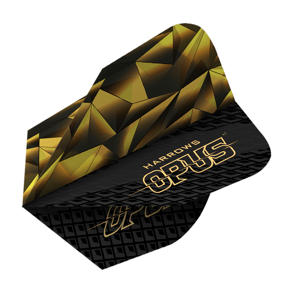 Harrow's Opus verze 1 Lety Das Bild zeigt das Produkt "Harrows Opus Version 1 Flights". Das Design ist in Schwarz und Gold mit geometrischen Mustern und dem Schriftzug "OPUS" gestaltet.