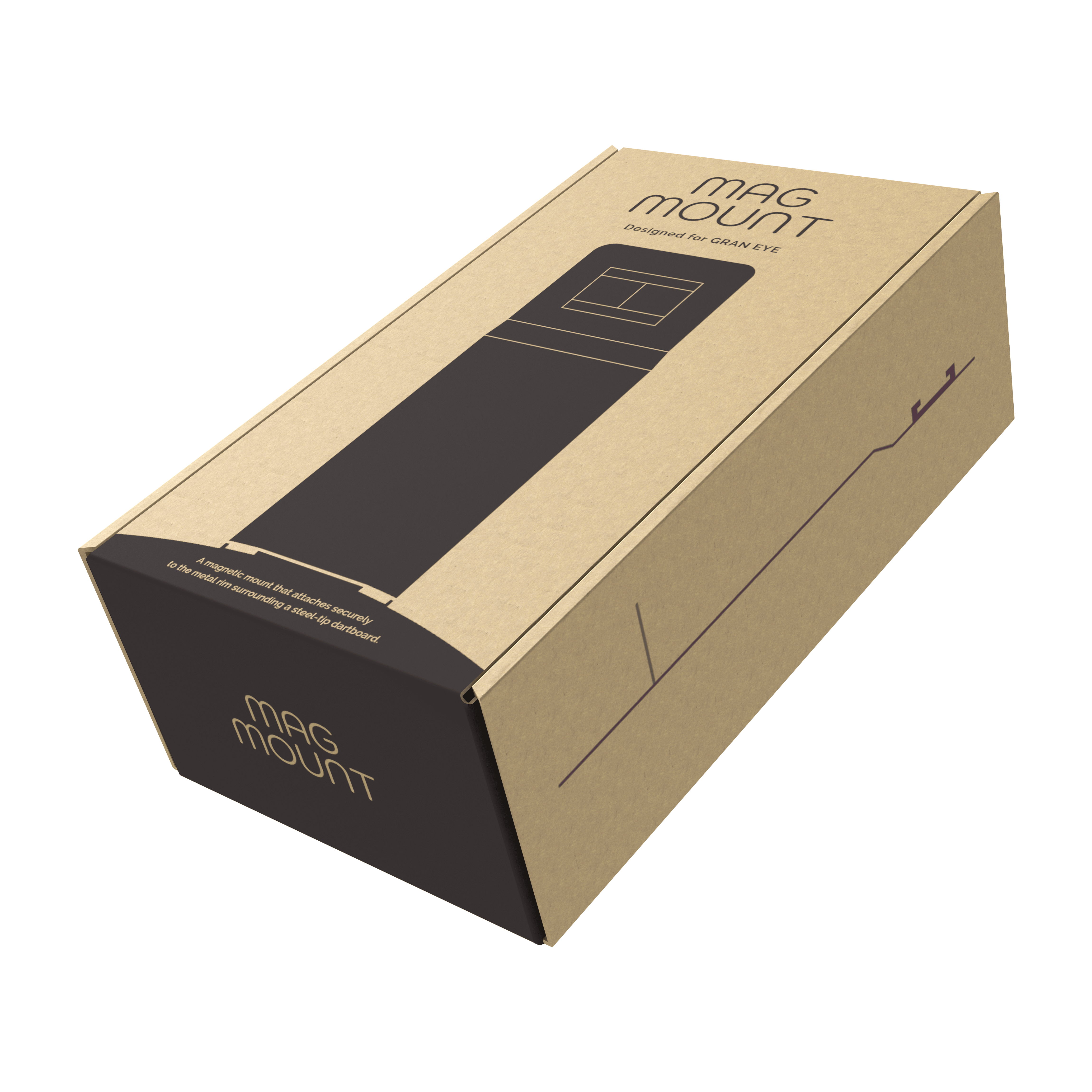 Accesorio de montaje para cargador GranDarts Gran Eye Die Abbildung zeigt eine Verpackung des Produkts "GranDarts GranEye Mag Mount Befestigung". Die Schachtel ist aus braunem Karton und trägt die Aufschrift "Mag Mount".