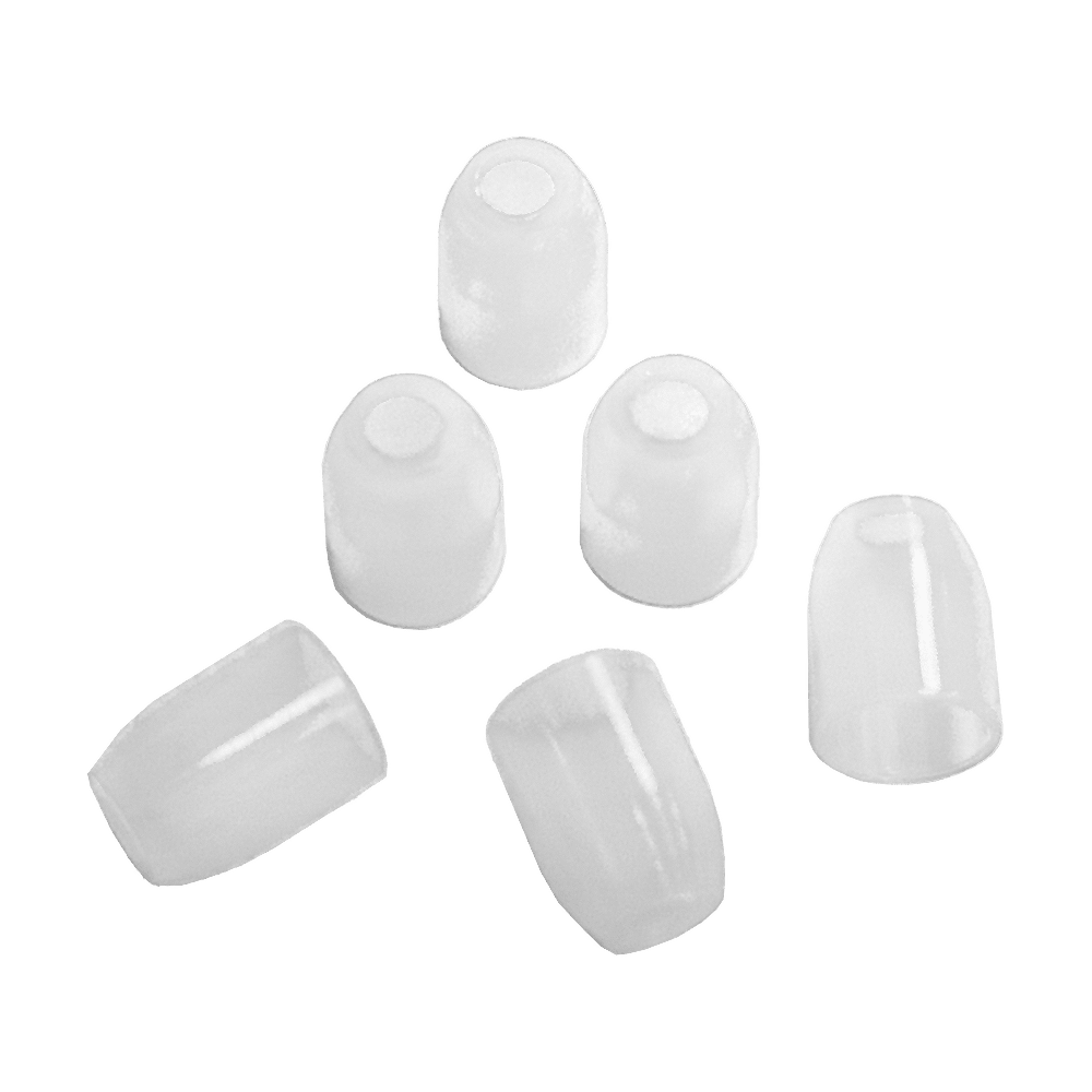 LSF11_L-Style_Champagne-Ringe_Weiss_1 Auf dem Bild sind sechs durchsichtige L-Style Champagne Ringe zu sehen. Sie sind klein und haben eine zylindrische Form.