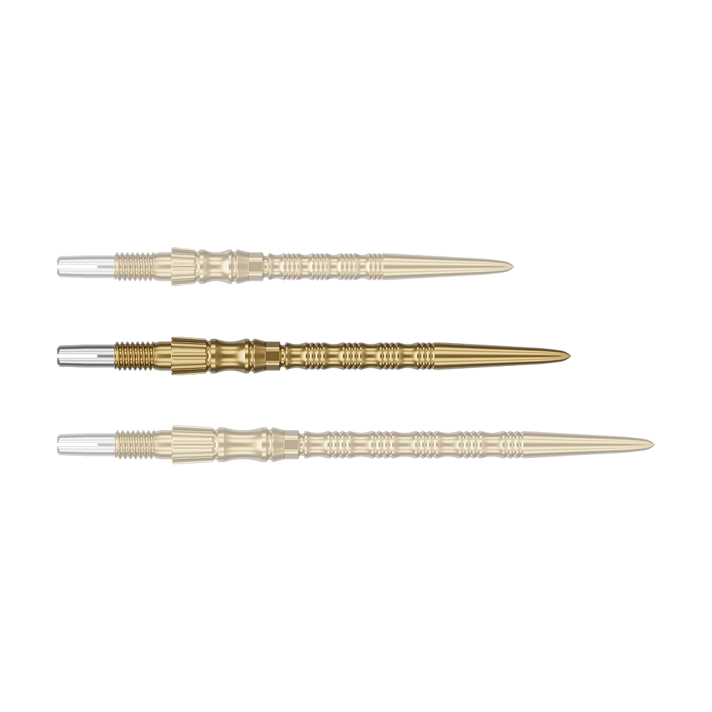 Ein einzelner Target SwissPoint Signature TRB Dartspitze in Gold mit 35mm Länge wird präsentiert. Das Produkt ist klar zu erkennen.