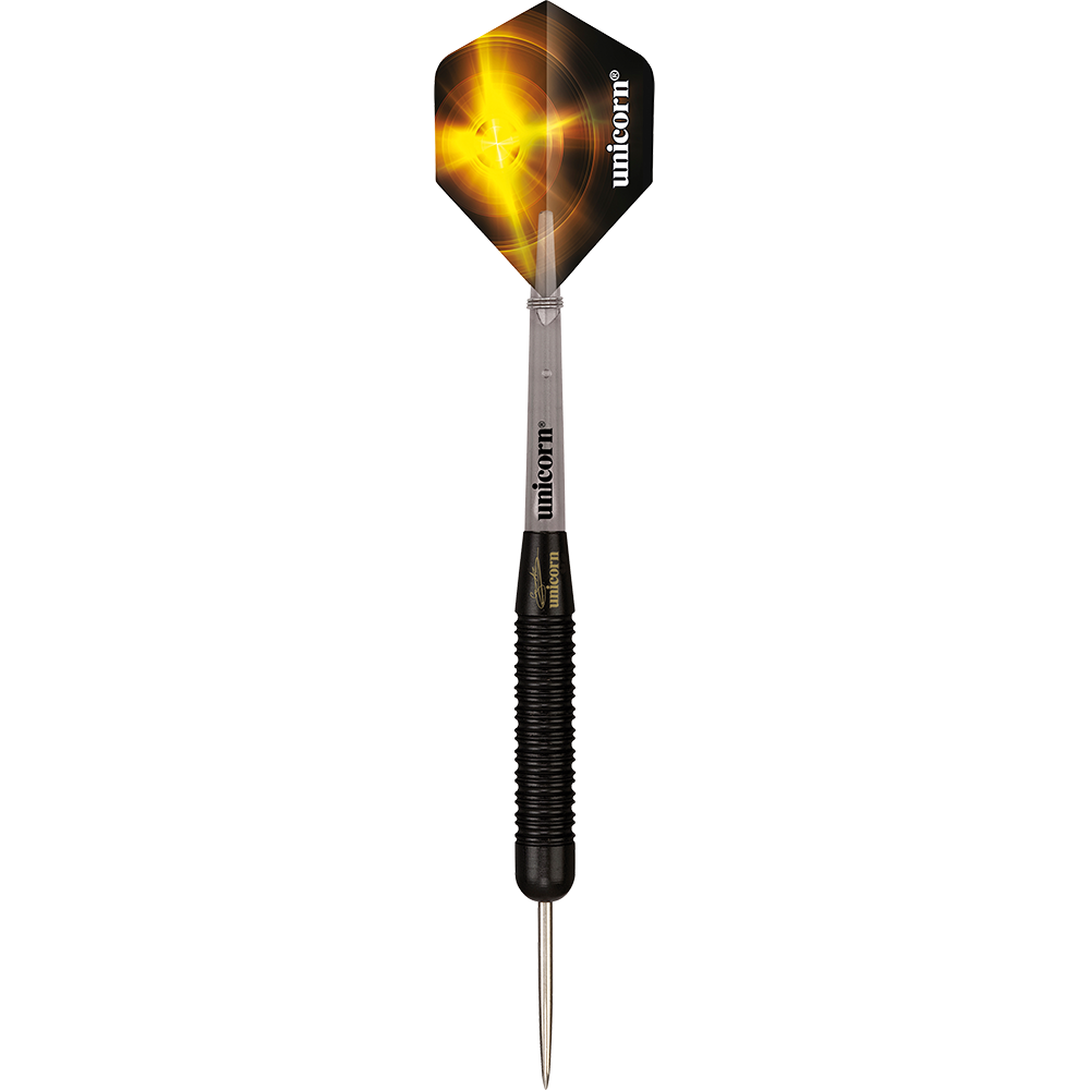 27661_Unicorn_Black_Brass_Gary_Anderson_V1_Steeldarts_1TmuvYOIhtdWOC Das Bild zeigt einen Unicorn Black Brass Gary Anderson V1 Steeldart. Der Dartpfeil hat ein schwarzes Griffstück und eine schwarz-goldene Flight mit einem leuchtenden Design.