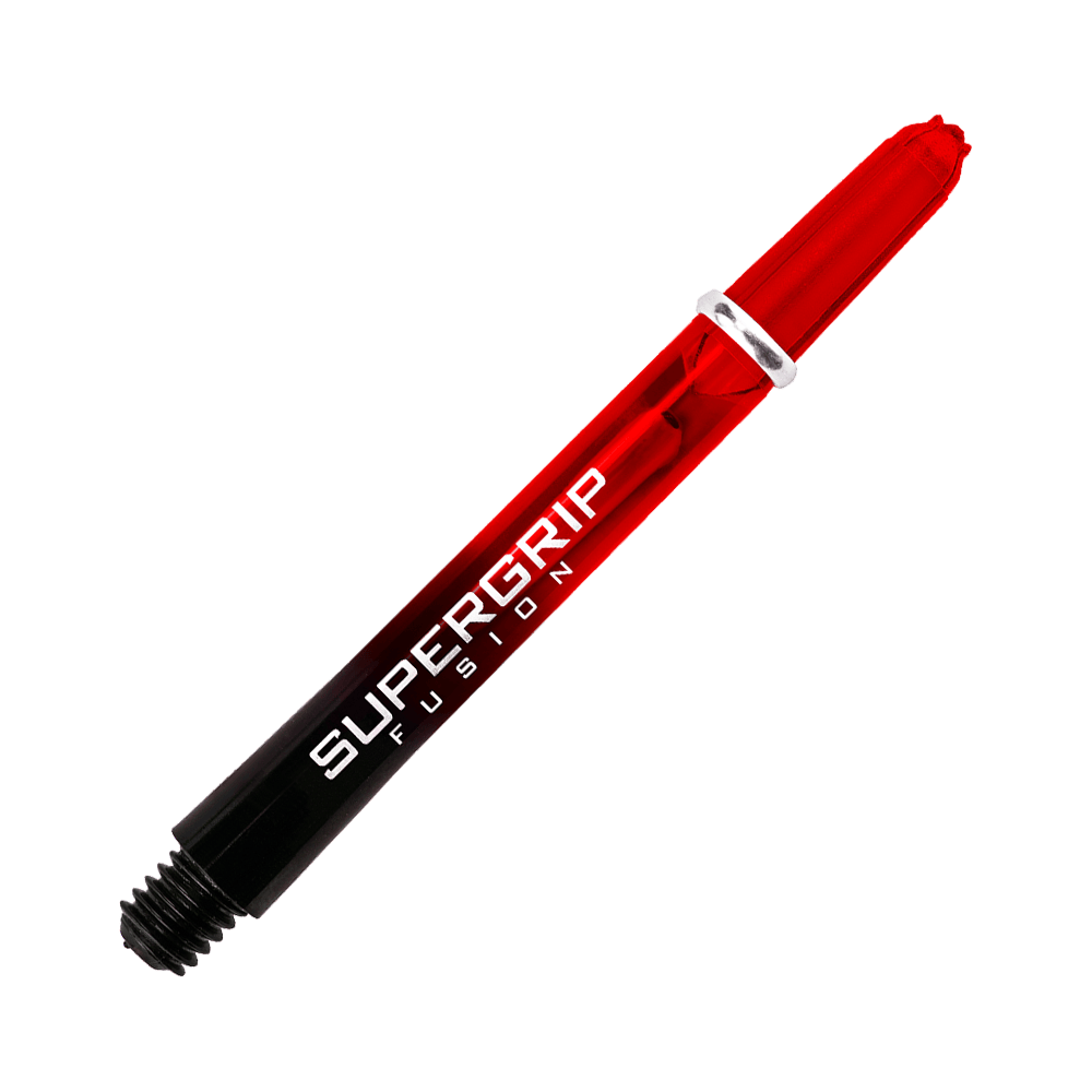 HR344_Harrows_Supergrip_Fusion_Shafts_Rot_47mm_2N33wGz97MCvTz Das Bild zeigt einen Harrows Supergrip Fusion Shaft in Rot. Der Schaft hat ein modernes Design mit einer roten und schwarzen Farbverlaufoptik und weißer Aufschrift.