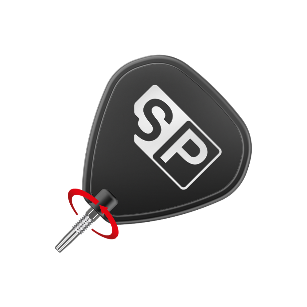Puntas de dardos Target Swiss Point Silver Das Bild zeigt eine silberne Dartspitze, die an einem schwarzen Dartflight mit der Aufschrift "SP" angebracht ist. Ein roter Pfeil deutet darauf hin, dass die Spitze gedreht oder gewechselt werden kann.