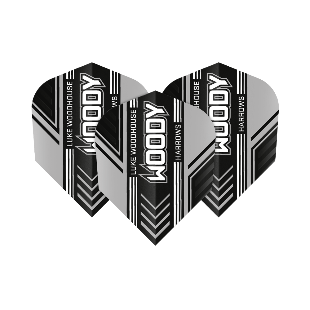 Harrows Prime Luke Woodhouse Woody No6 Lety Das Bild zeigt drei Dart-Flights mit dem Aufdruck "WOODY", "LUKE WOODHOUSE" und "HARROWS". Die Flights sind in Schwarz, Weiß und Grau gestaltet und haben ein modernes Streifendesign.