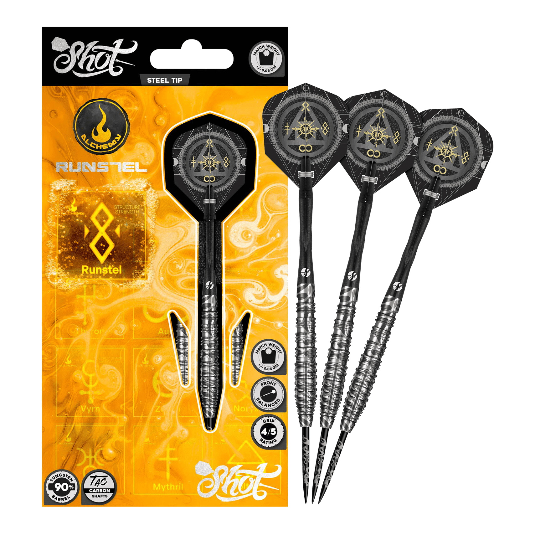 Ocelové šipky Shot Alchemy Runstel Hier wird das Modell Shot Alchemy Runstel Steeldarts dargestellt. Die Steeldarts sind komplett und aus der Nähe abgebildet.