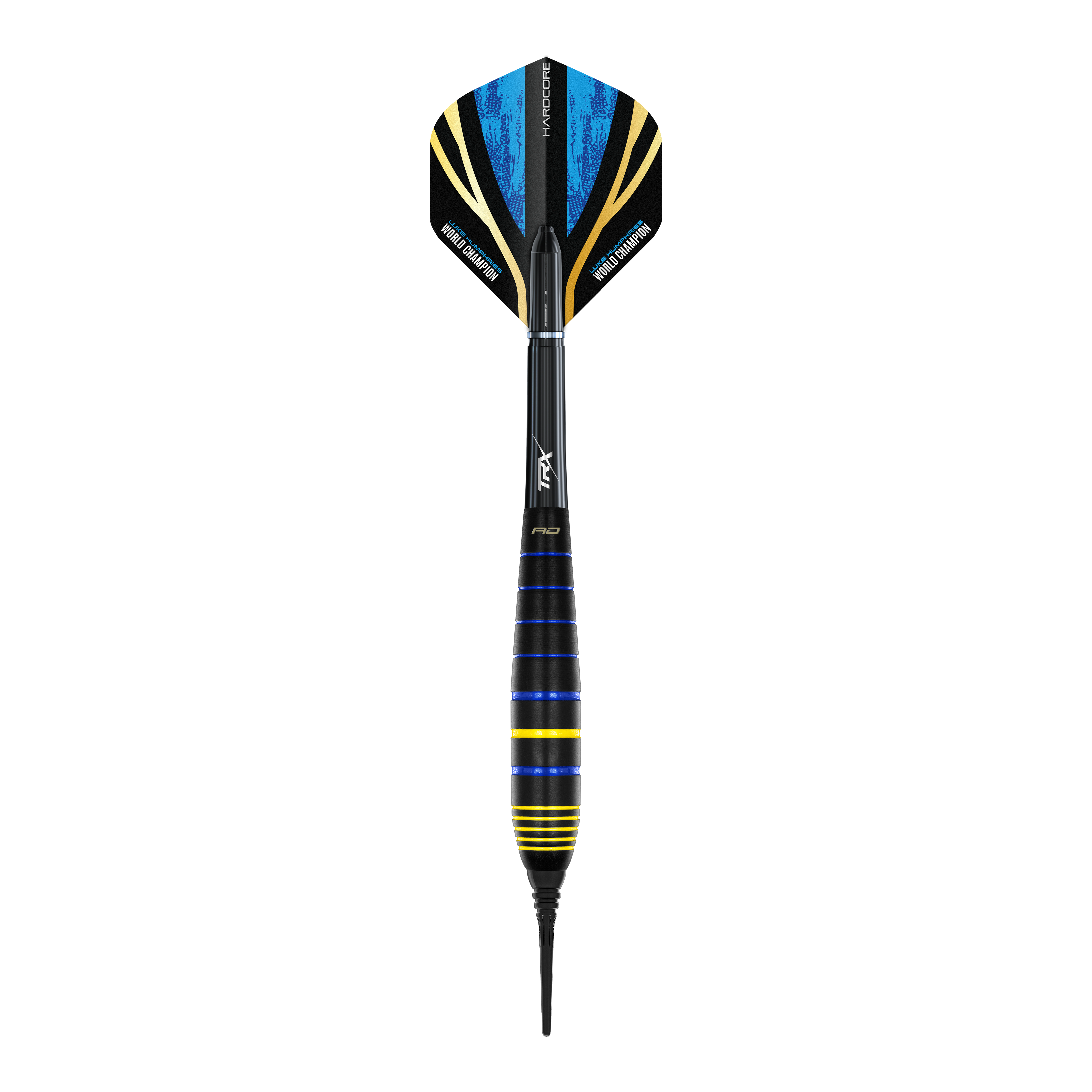 Šipky Red Dragon Luke Humphries World Champion Brass Softdarts - 20g Das Bild zeigt einen Red Dragon Luke Humphries World Champion Brass Softdart mit 20g Gewicht. Der Dart ist schwarz mit blauen und gelben Akzenten gestaltet.