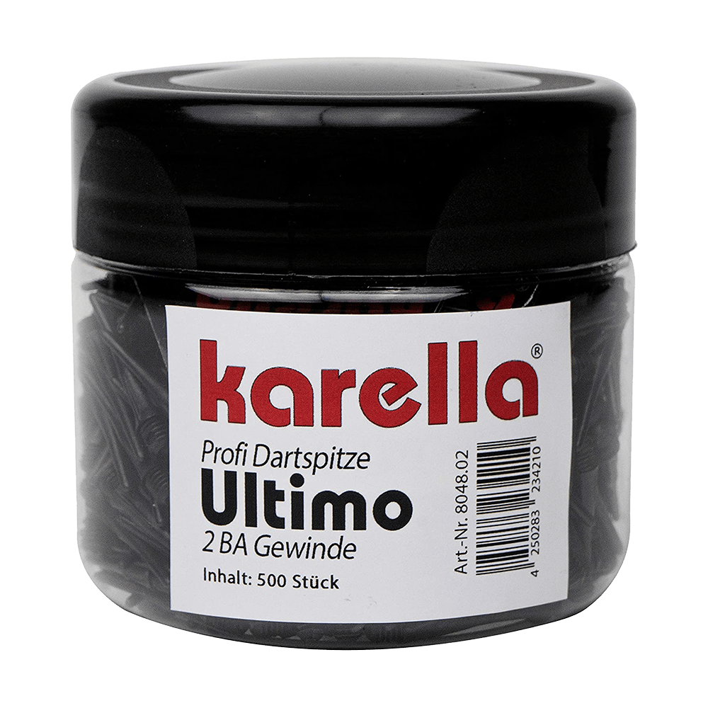 804802_Karella_Ultimo_Softdartspitzen_500Stk_in_der_Dose_Schwarz_2 Das Bild zeigt eine Dose mit 500 schwarzen Karella Ultimo Softdartspitzen. Auf dem Etikett steht der Produktname und weitere Informationen zur Größe und Anzahl der Spitzen.