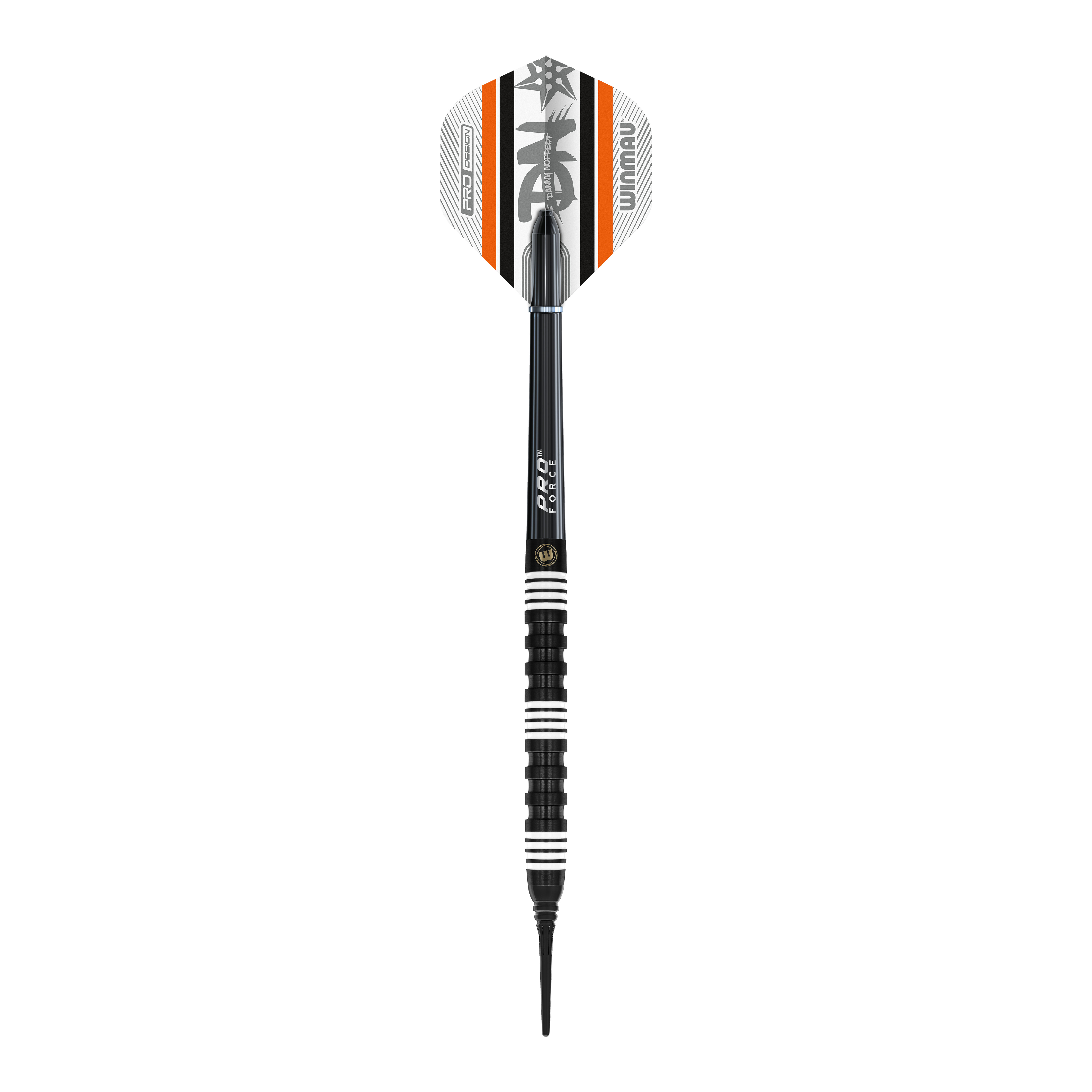 Winmau Danny Noppert 85 Pro-Series soft darts - 20g Der Winmau Danny Noppert 85 Pro-Series Softdart wiegt 20 Gramm und hat ein modernes, schwarz-weiß-orangenes Design. Die Flights sind mit dem Winmau-Logo und grafischen Elementen verziert.
