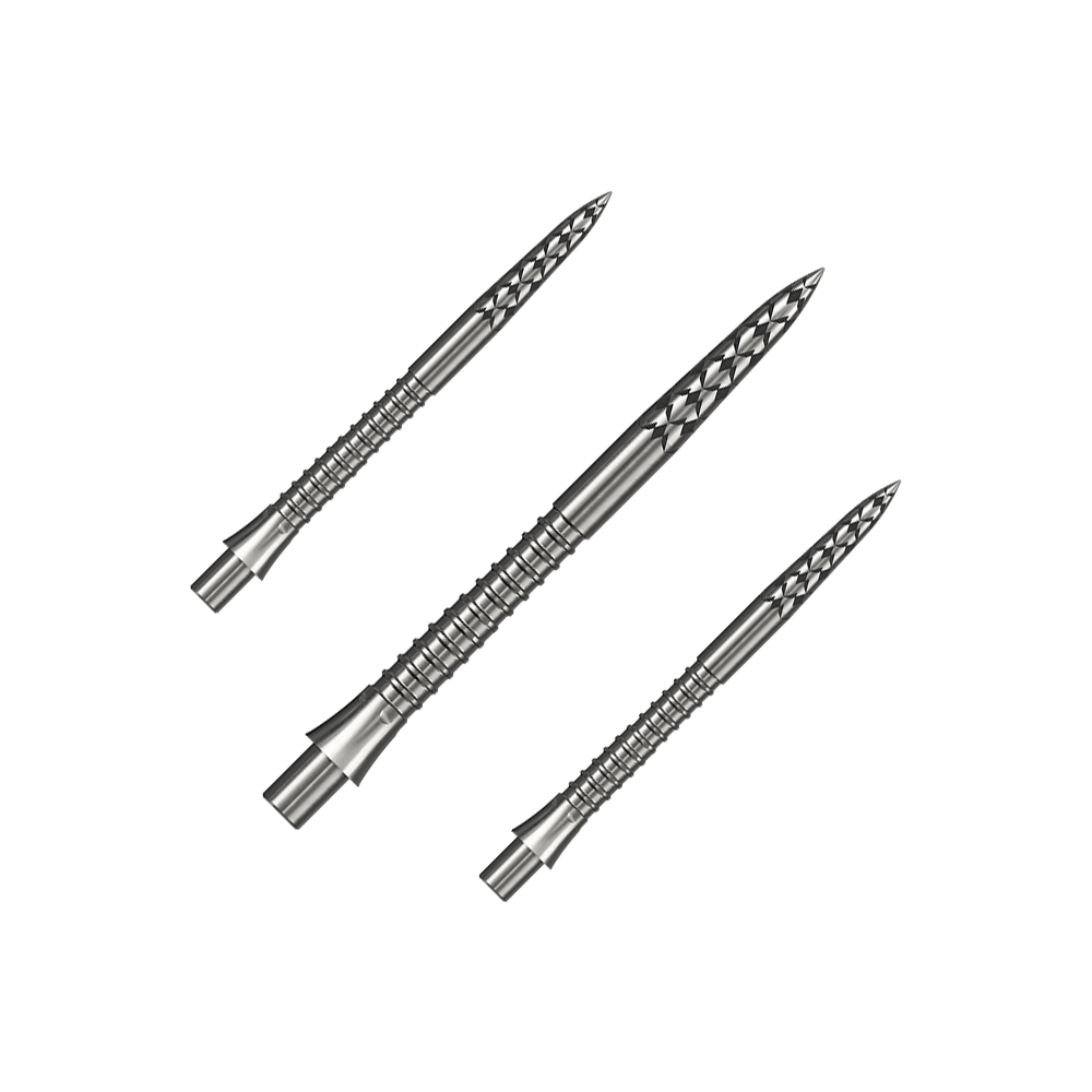 Mission Caliburn EVO dart tips GV logo - silver Ein Set silberner Steeldartspitzen ist abgebildet. Die Spitzen sind vermutlich 32 mm lang.