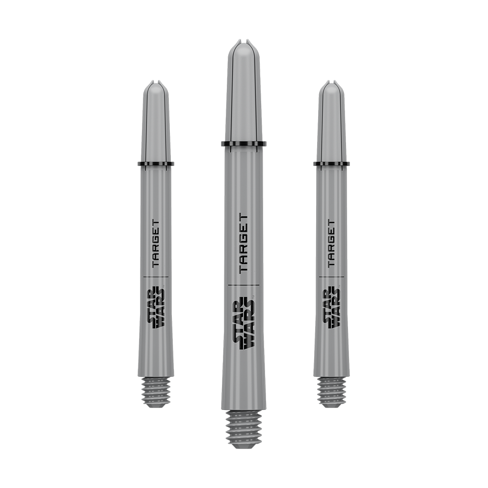 Target Star Wars ProGrip Shafts - Grau Das Bild zeigt ein Dart-Zubehör mit dem Dateinamen 380432_Target_StarWars_ProGrip_Shafts_Grau_Medium_48mm_1Set. Es handelt sich vermutlich um einen grauen Medium ProGrip Shaft von Star Wars mit 48mm Länge als Set.