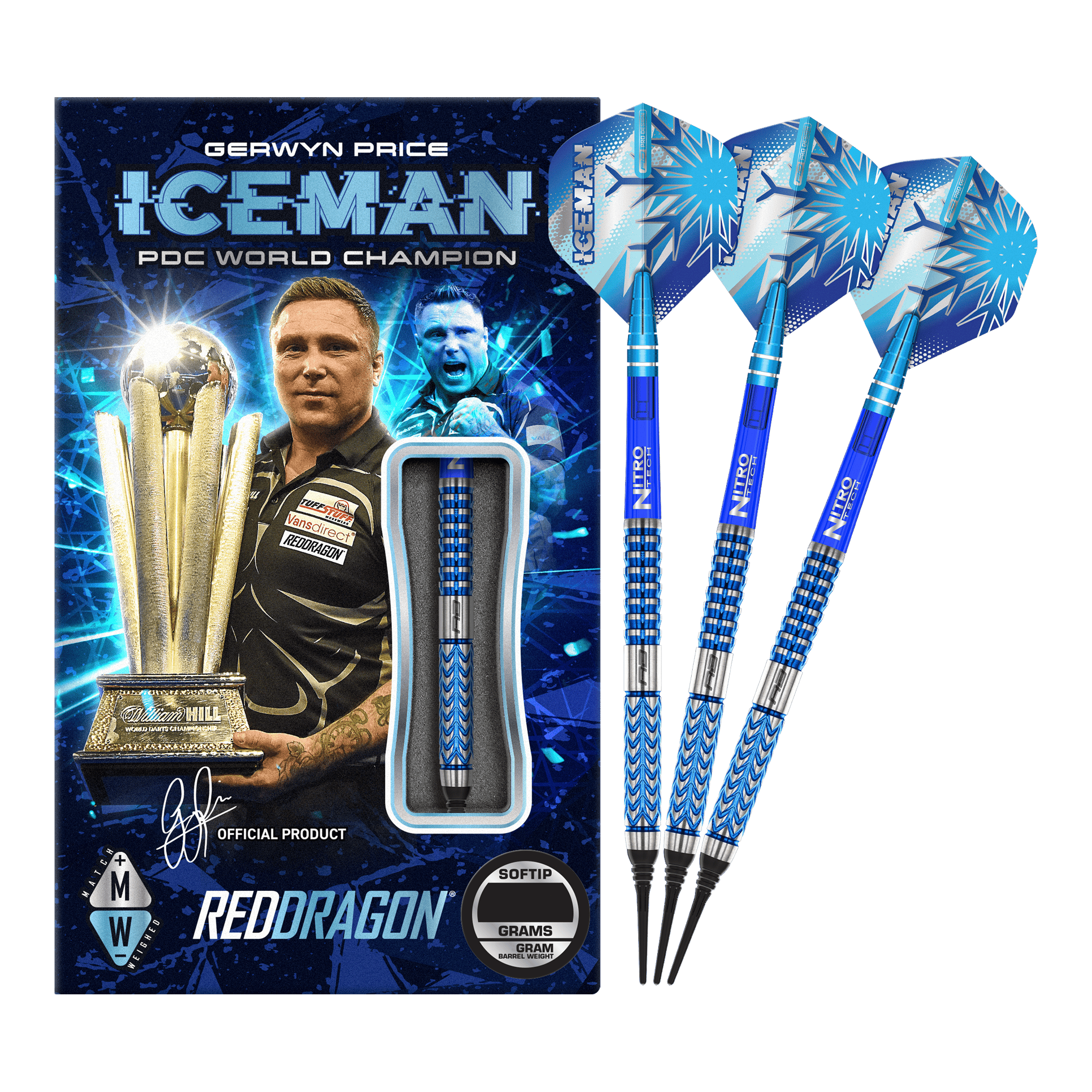 Red Dragon Gerwyn Price Glacier Softdarts - 18g Das Bild zeigt das Produkt "Red Dragon Gerwyn Price Glacier Softdarts - 18g" mit einer auffälligen blauen Verpackung. Neben der Verpackung sind drei blaue Softdarts mit dem Schriftzug "ICEMAN" und einem Eismuster abgebildet.