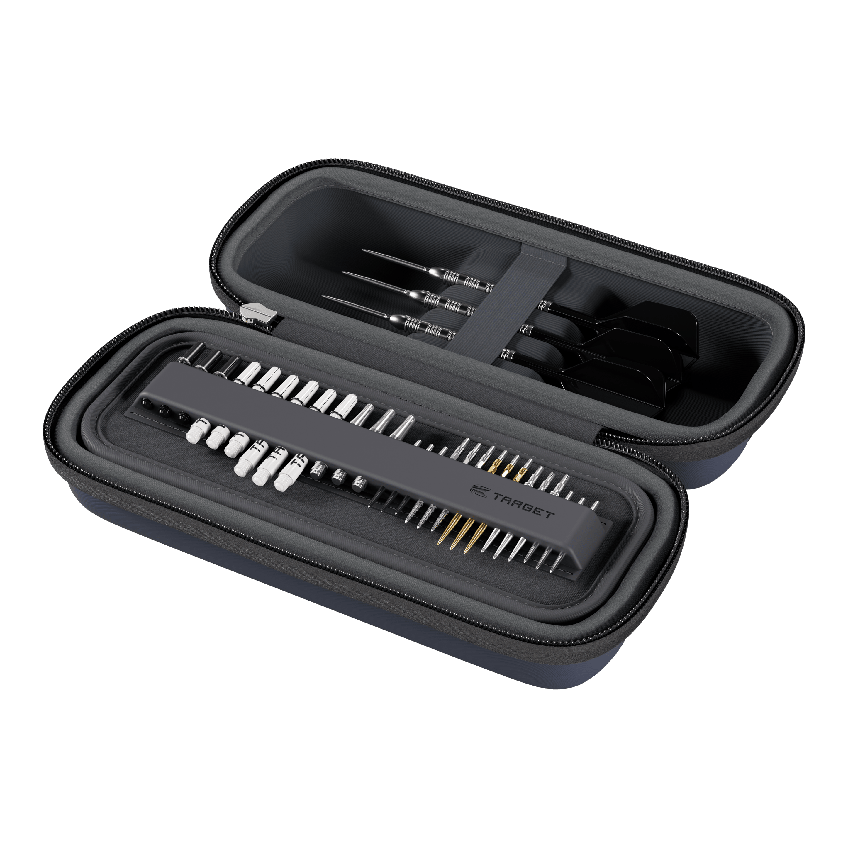 Ein Dartcase in den Farben Navy und Dunkelgrau ist abgebildet. Es ist vermutlich das Target BOA Dartcase.