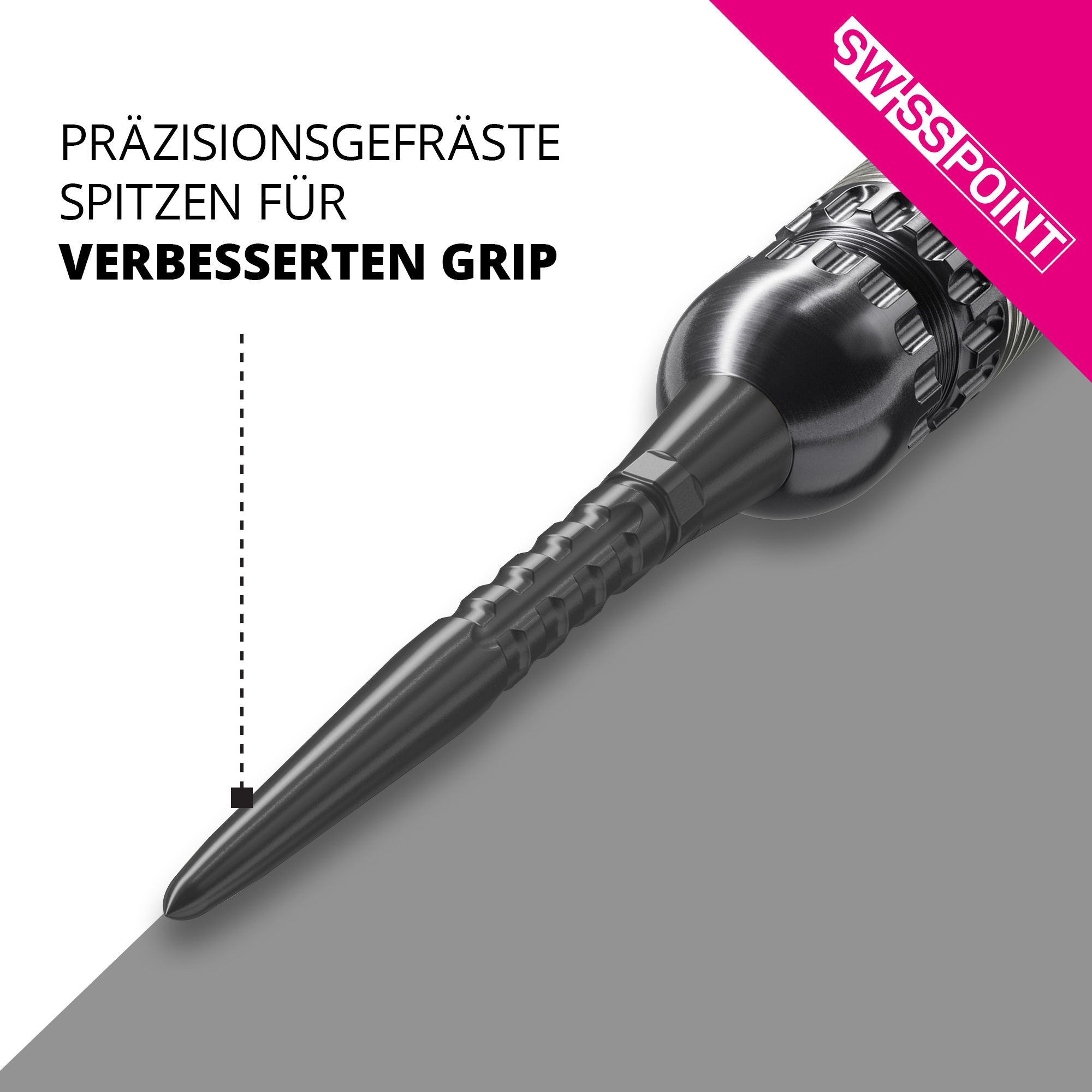 Puntas de dardos Target Swiss Point Storm Surge de acero - Negras Das Bild zeigt eine präzisionsgefräste, schwarze Dartspitze mit speziellen Rillen für besseren Halt. Oben rechts steht „SWISS POINT“, und daneben ist der Text „PRÄZISIONSGEFRÄSTE SPITZEN FÜR VERBESSERTEN GRIP“ zu sehen.