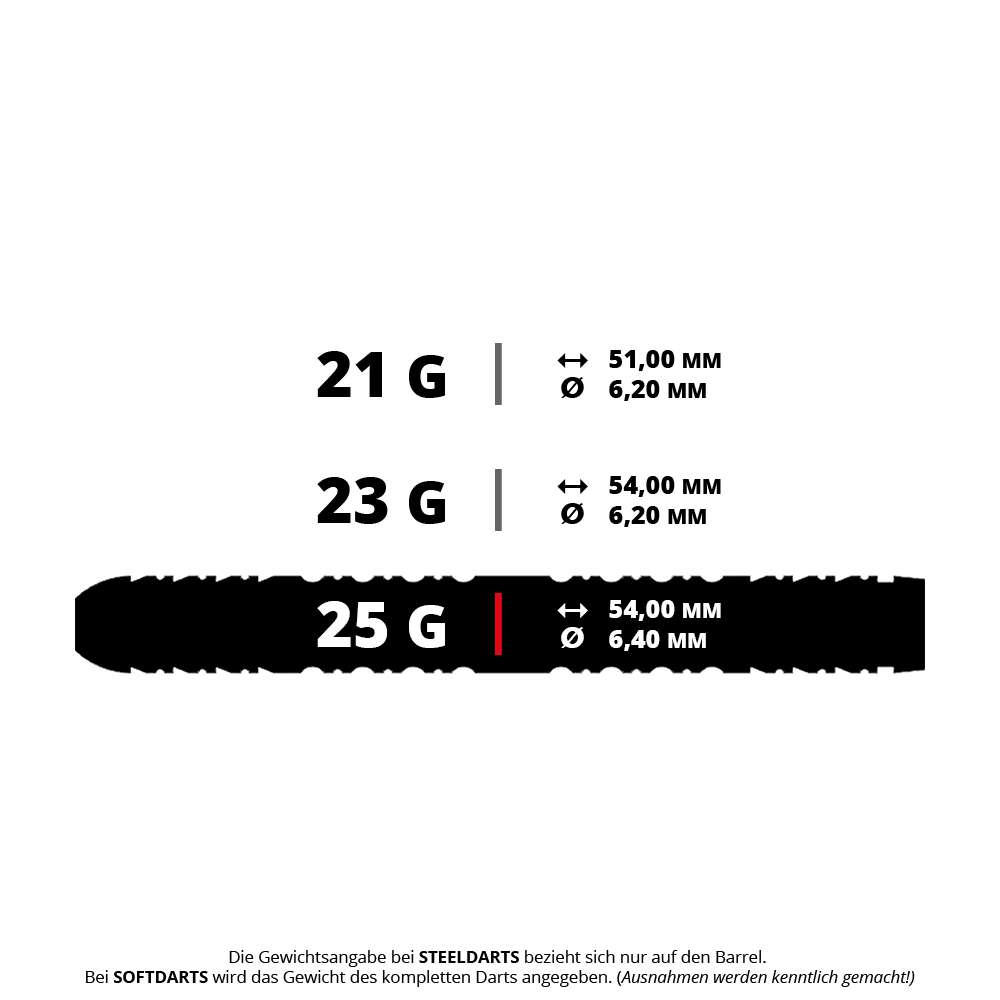 Das Bild zeigt einen Steeldart mit der Bezeichnung CB2428 Caliburn Rix EZ-EVO R1 in 25 Gramm. Der Dart liegt einzeln vor weißem Hintergrund.