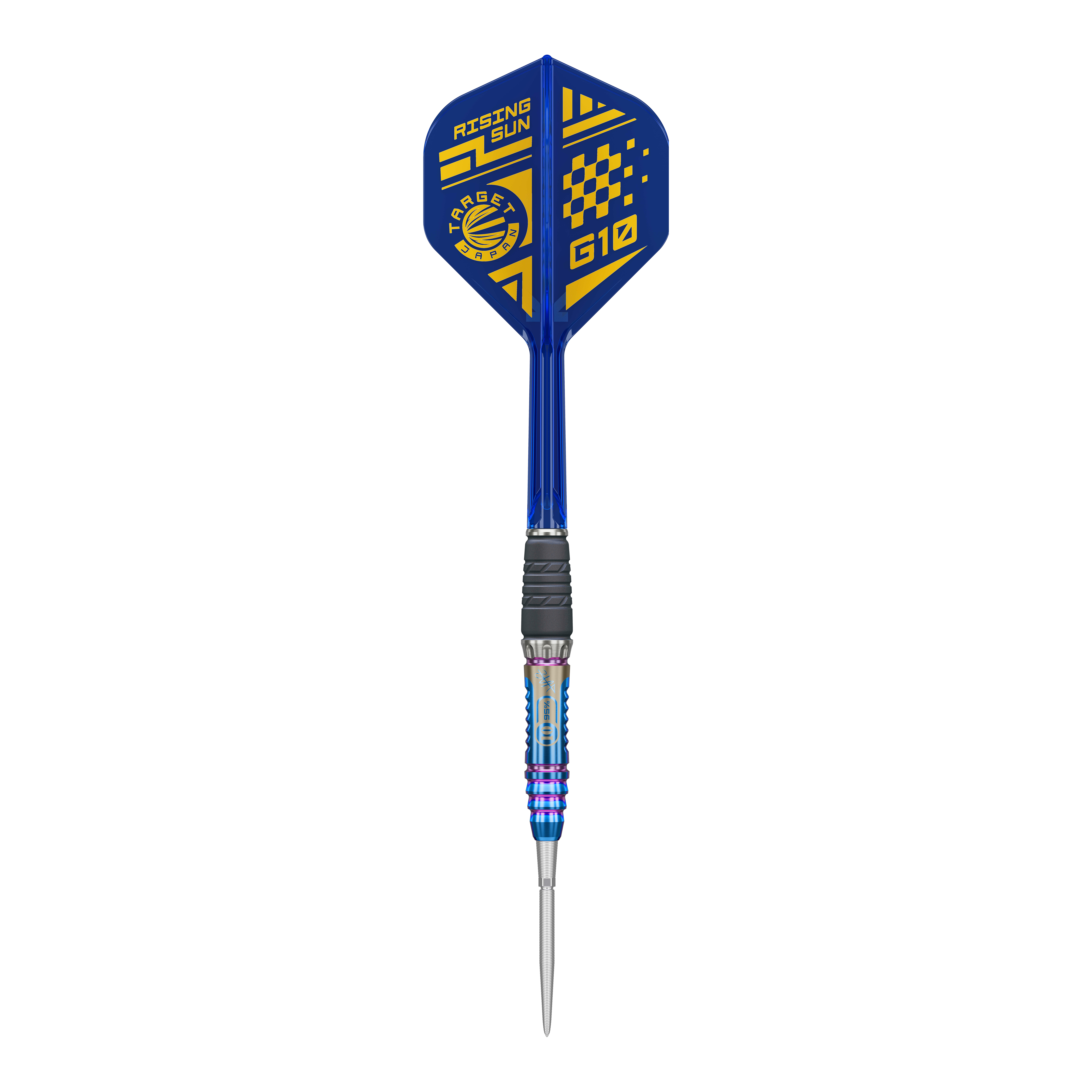 Dies ist ein Bild der Target Japan Rising Sun GEN10 Swiss Point Steeldarts. Drei silberne Darts mit blauen Highlights sind zu sehen.