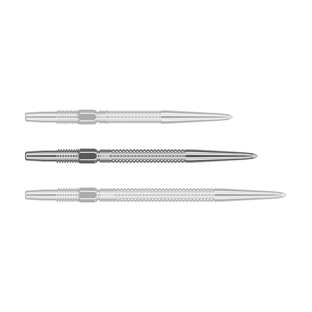 Puntas de dardos Target Swiss Point GRD Silver Das Bild zeigt drei silberne Dartspitzen des Produkts „Target Swiss Point GRD Silver Dartspitzen“. Die Spitzen sind nebeneinander angeordnet und haben eine feine Riffelung.