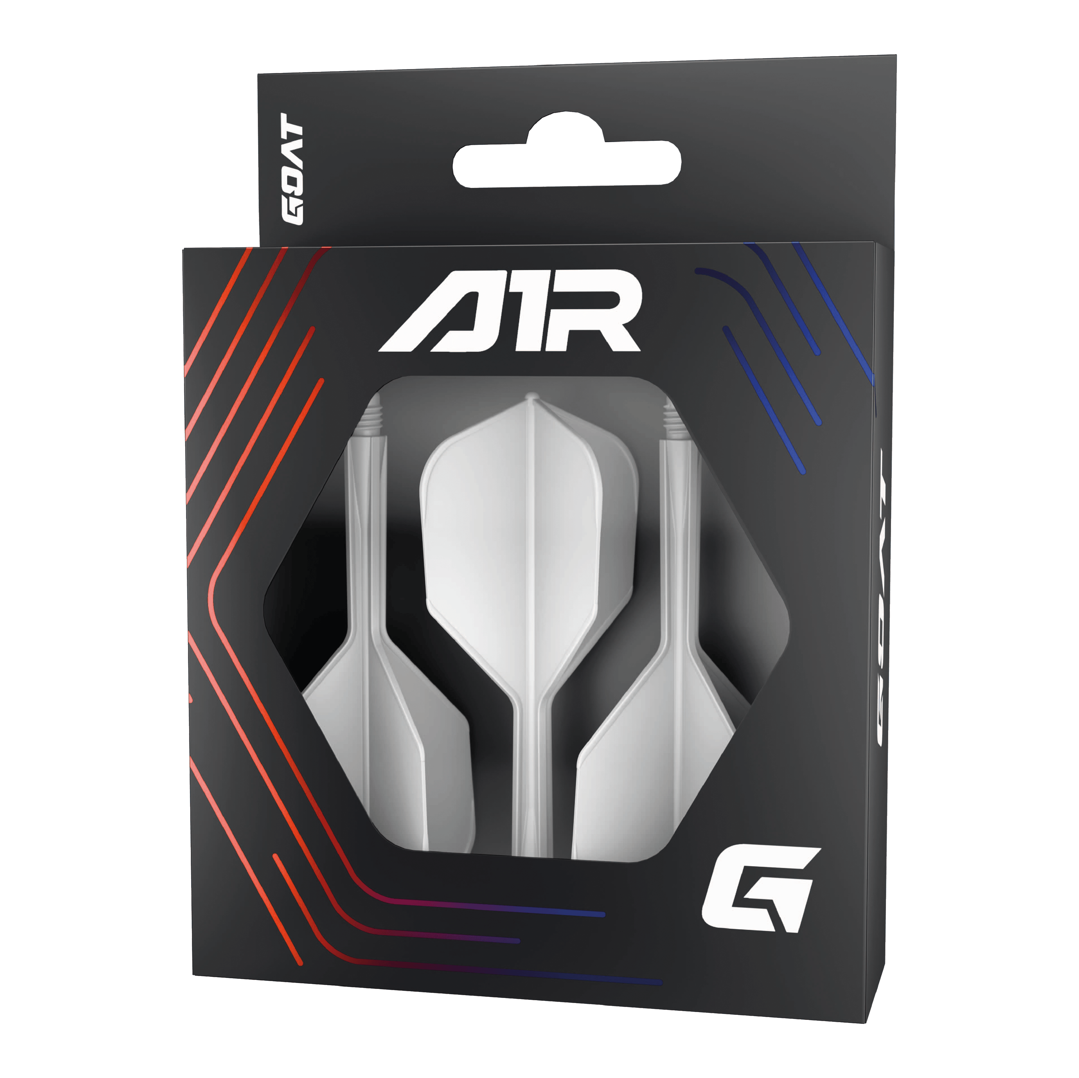 GOAT A1R No6 Flight-Shaft-System - Weiß Die Abbildung zeigt das Produkt „GOAT A1R No6 Flight-Shaft-System - Weiß“ in einer schwarzen Verpackung mit Sichtfenster. In der Verpackung sind drei weiße Dart-Flights mit Schäften zu sehen.