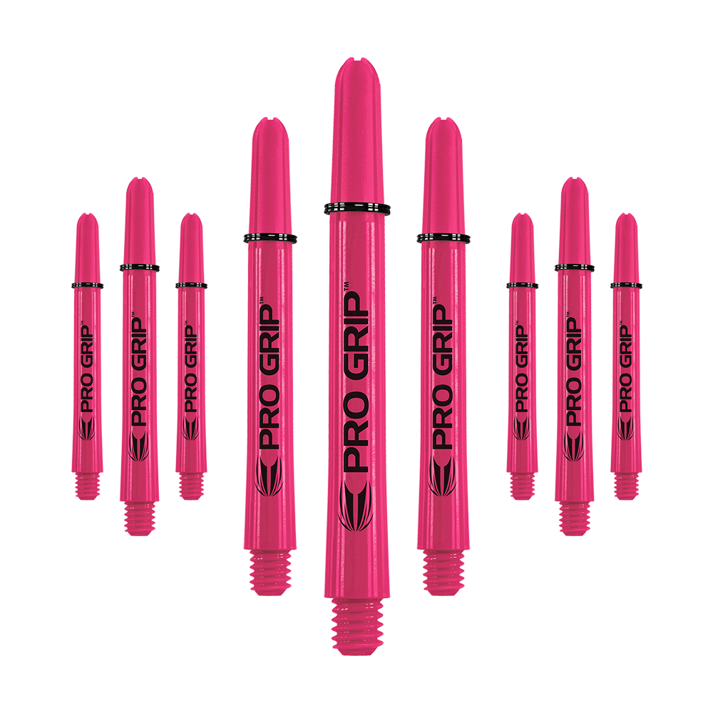 Tiges Target Pro Grip - 3 jeux - Rose Auf dem Bild sind neun pinke Pro Grip Shafts zu sehen, die für Dartpfeile verwendet werden. Sie sind gleichmäßig angeordnet und tragen den Schriftzug "PRO GRIP" in schwarzer Farbe.