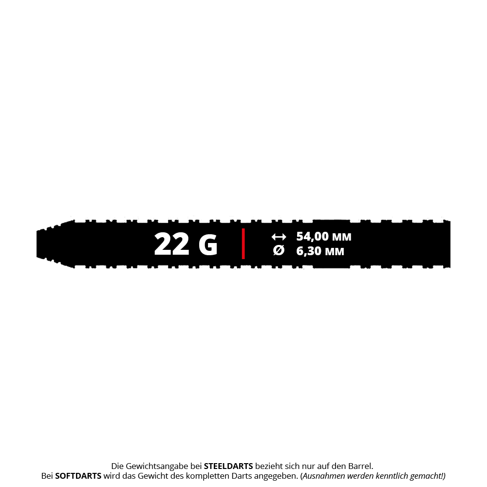 Ocelové šipky Caliburn Forge F3 - 22g Das Bild zeigt die technischen Daten des Produkts "Caliburn Forge F3 Steeldarts - 22g". Der Dart wiegt 22 Gramm, ist 54,00 mm lang und hat einen Durchmesser von 6,30 mm.