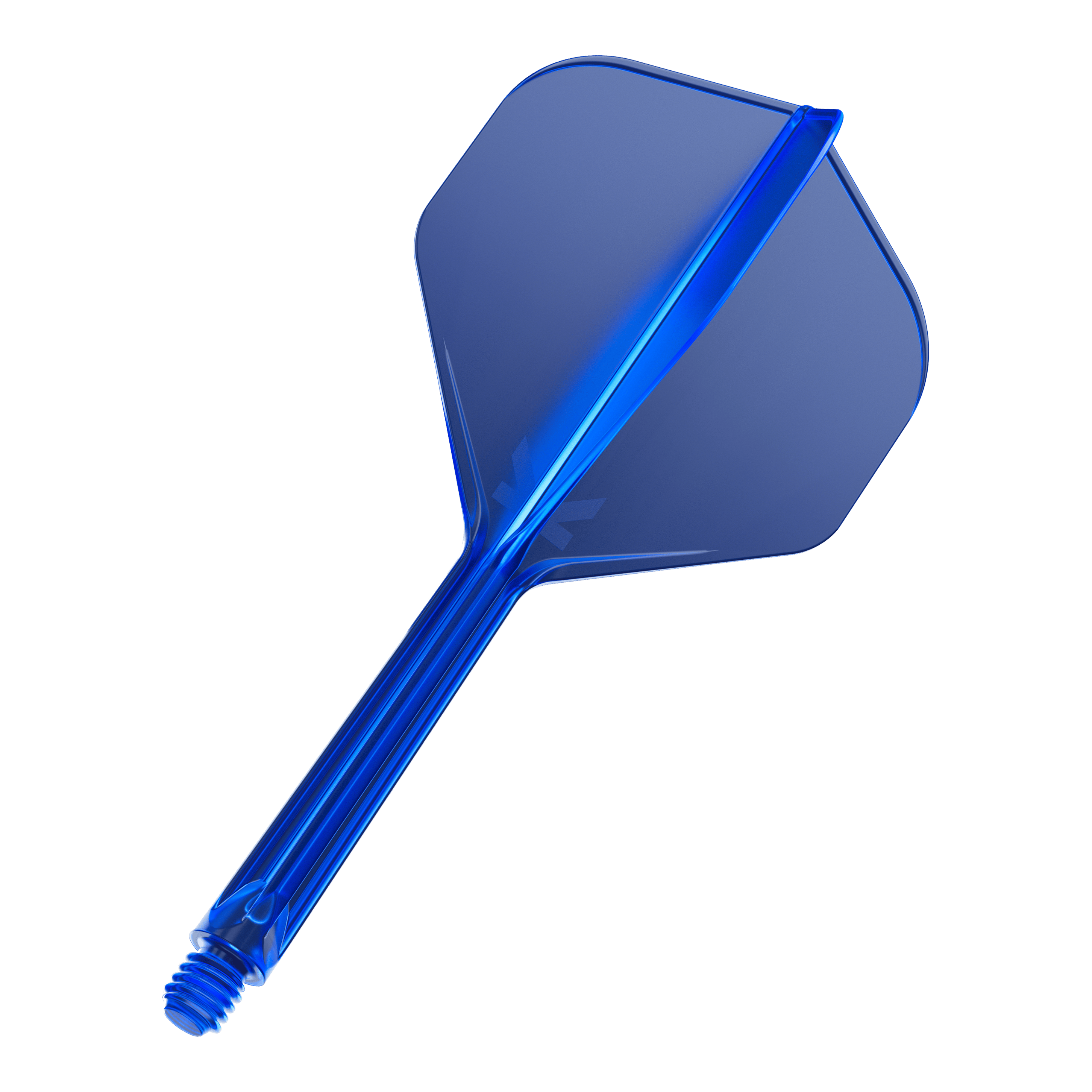Das Bild zeigt einen blauen Dart-Flight mit integriertem Schaft. Der Flight ist durchsichtig und besitzt eine Standardform.