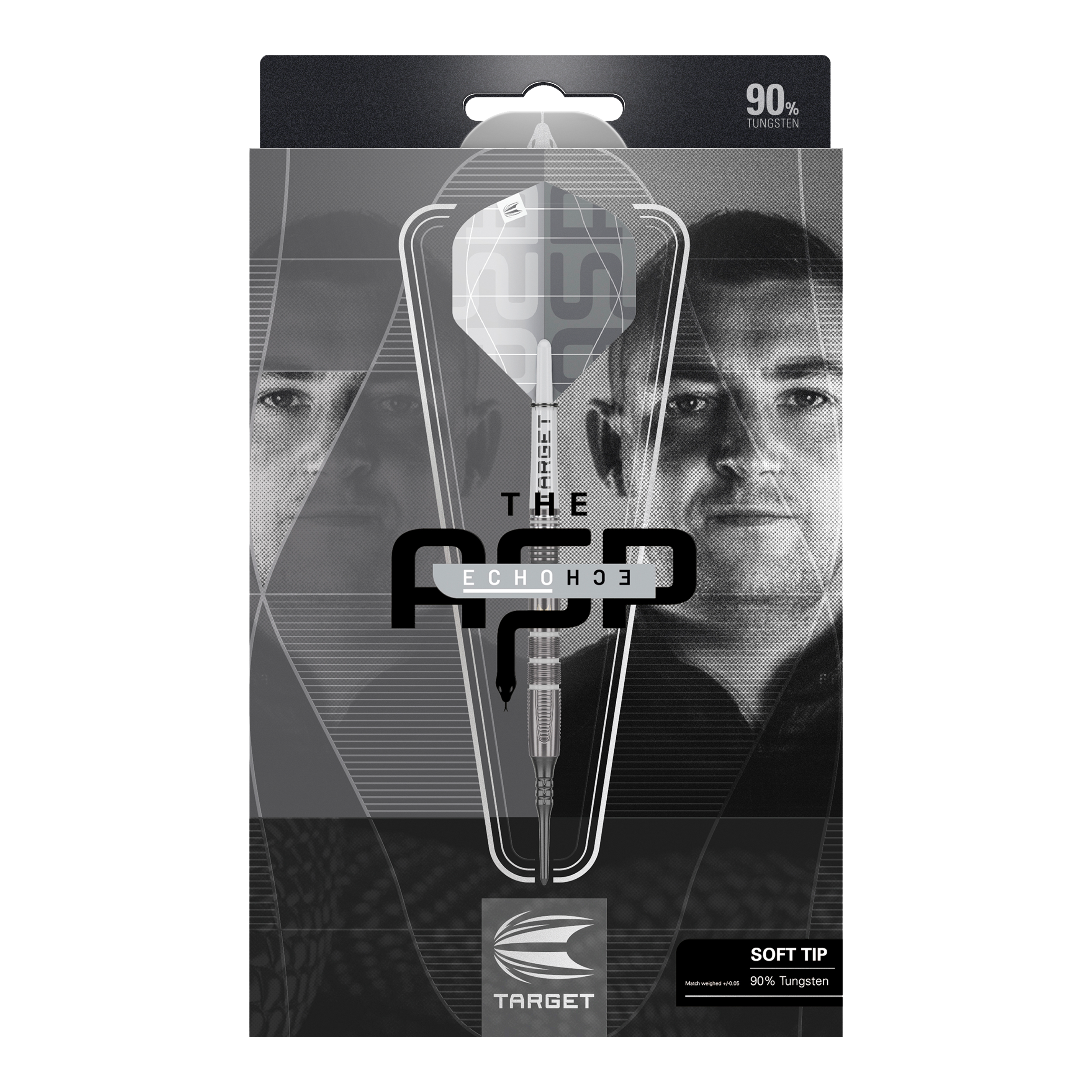 Měkké šipky Target Nathan Aspinall X Echo - 18g Auf dem Bild ist die Verpackung des Produkts „Target Nathan Aspinall X Echo Softdarts - 18g“ zu sehen. In der Mitte der Verpackung befindet sich ein Softdart mit der Aufschrift „TARGET“ und im Hintergrund sind zwei Gesichter abgebildet.